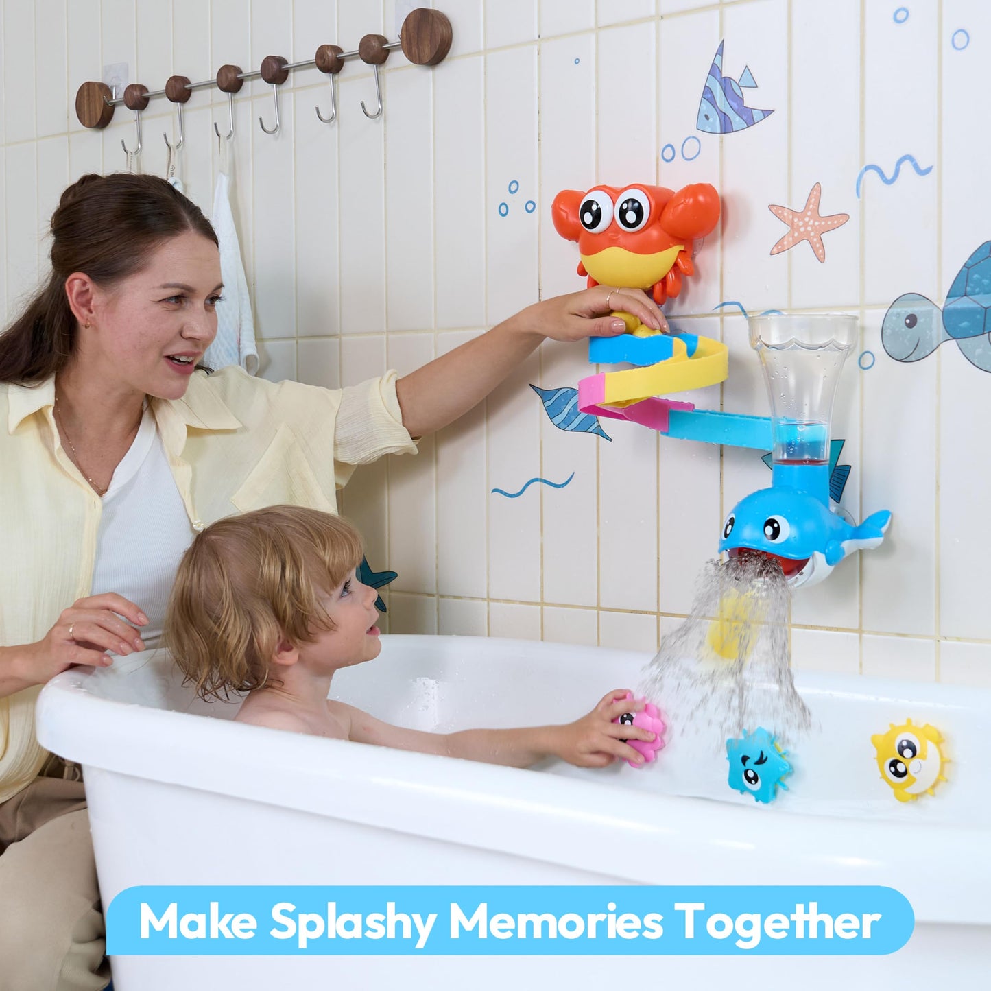 lalalark Bath Toys for Kids, 7-in-1 Shower Bathtub Toy with Crab, Whale, Rotating Fish & Slide Track, Interactive Water Play Set with Pour & Spray Fun for Toddlers, Boys Girls Birthday Gifts 3-5