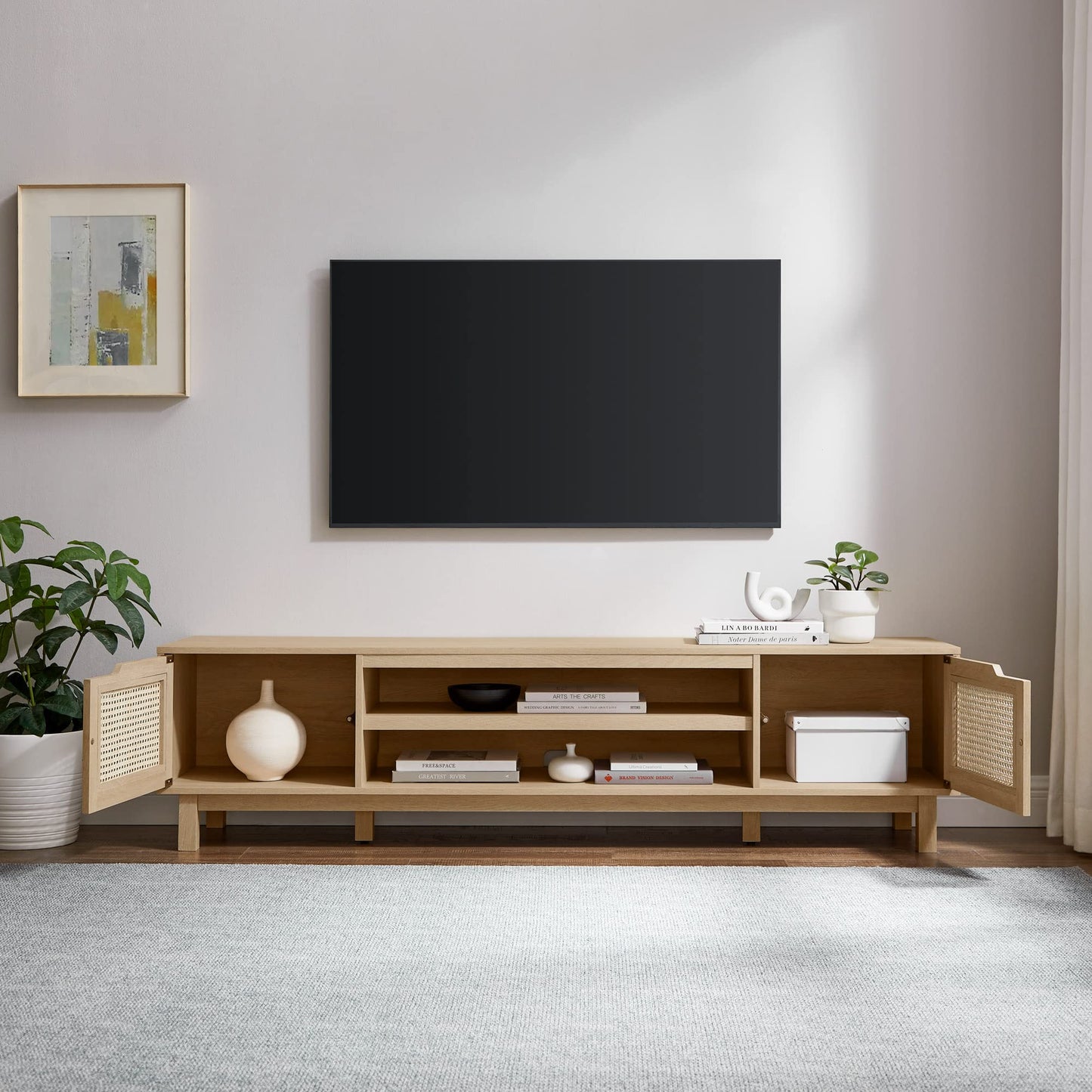 Walker Edison Destin Modern Minimal Rattan-Door TV Stand for TVs up to 80 Inches, 70 Inch, Coastal Oak