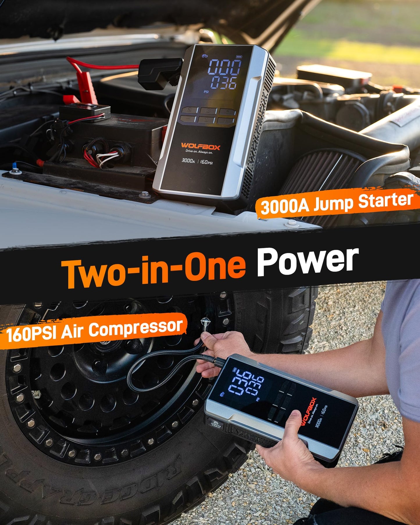 WOLFBOX 3000A Jump Starter with Air Compressor, 59.2Wh&160PSI Portable Car Battery Jump Starter with 65W Fast Charge, 12V Battery Pack (8L Gas 6L Diesel Engine) with Boost, Light and Jumper Cables
