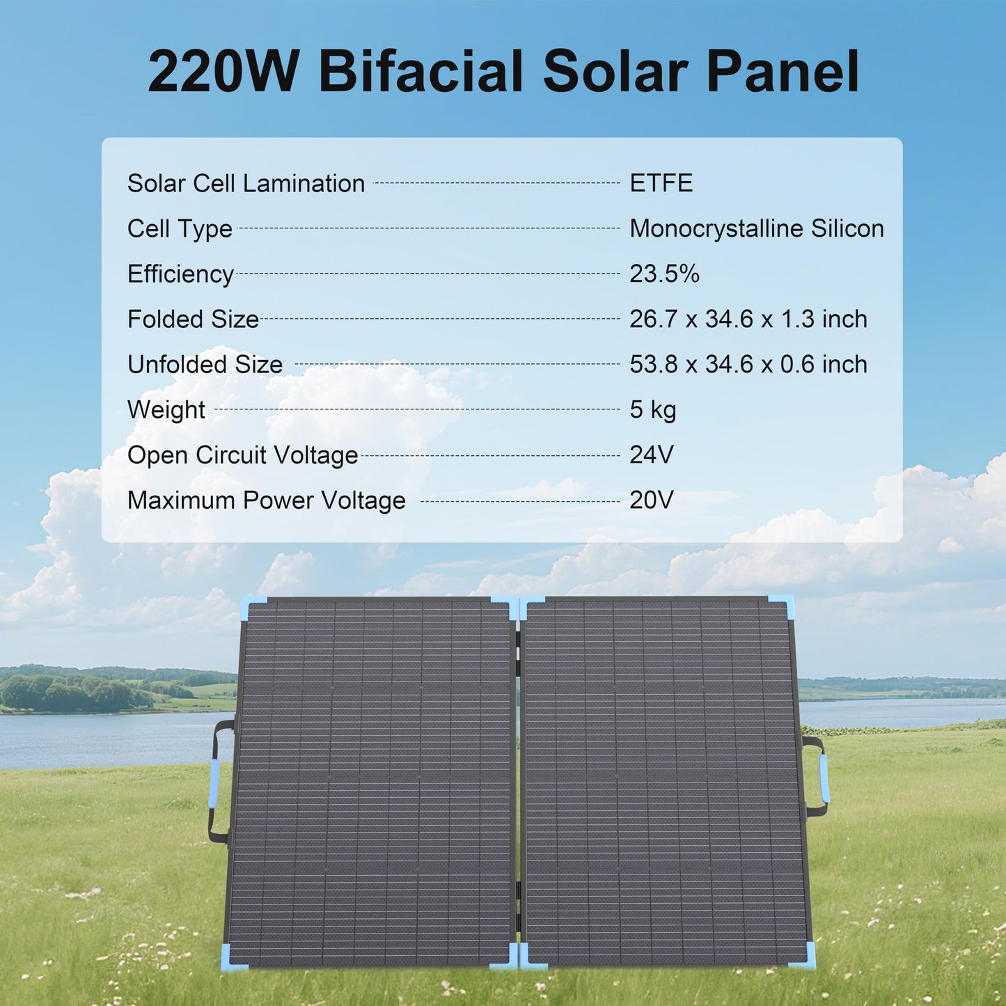 E-POWO 220W Bifacial Portable Solar Panel for Power Station, 23.5% High Efficiency ETFE Foldable Solar Charger for Camping Essentials,IP68 Waterproof 2 Reinforced Kickstands for RV Off-Grid Blackouts