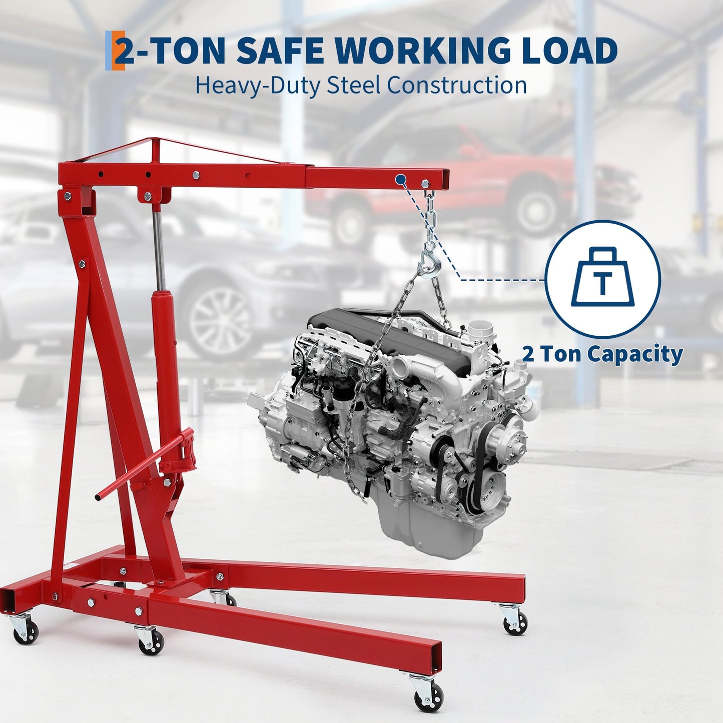 2 Ton Engine Hoist, 4400Lbs Heavy Duty Folding Cherry Picker Engine Lift with 6 Casters, Hydraulic Shop Crane Lifter Cherry Picker for Garage, Workshop, Factory, Red