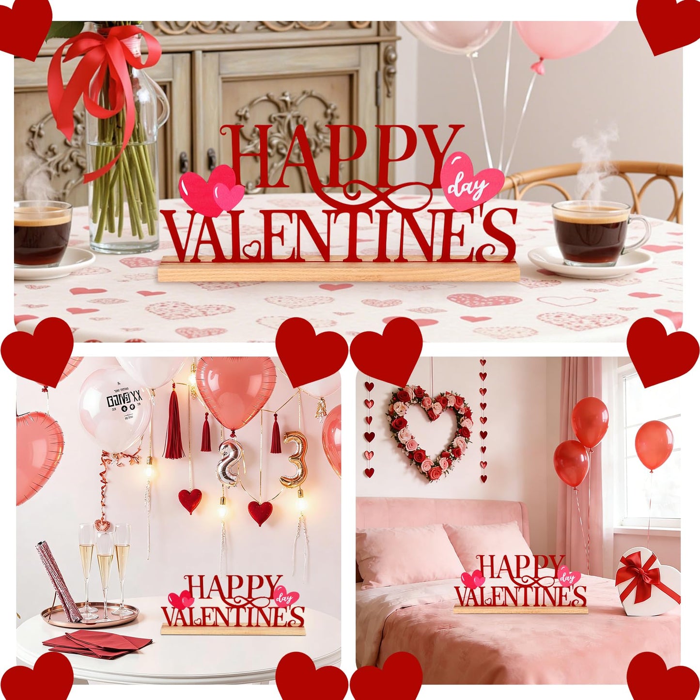 ASTNIC Metal Happy Valentine's Day Sign,Valentines Day Decorations Indoor Romantic Heart Word Valentines Day Table Decorations with Wooden Base for Home Decor Party Wedding Shelf Tabletop Centerpiece Gifts (Red, Happy Valentineās)