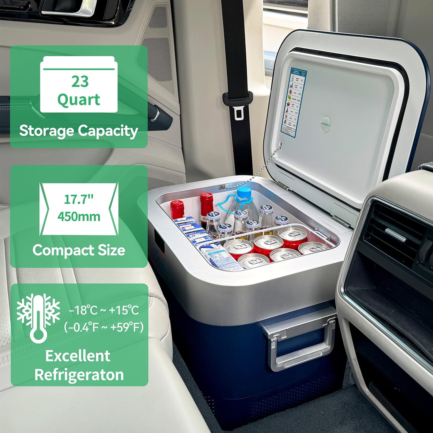 Megiu Car Refrigerator Portable Car Fridge 12V Refrigerator 23 Quart (22 Liter) Freezer Compressor Cooler 12V/24V DC 110~240 V AC for Outdoor Camping Travel Home Use -18℃~+15℃ (Blue)
