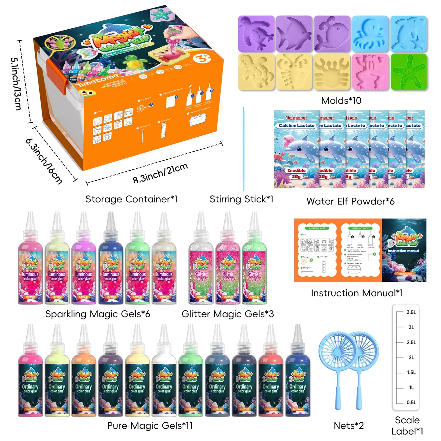 Timetome Magic Water Elf Toy Kit for Kids ā 20 Gels (11 Standard + 6 Glitter + 3 Glow) & 10 Molds, DIY Squishy Maker, Aqua Fairy Gel Toys, Night Glow & Glitter, Valentine Gifts for Boys & Girls 3+