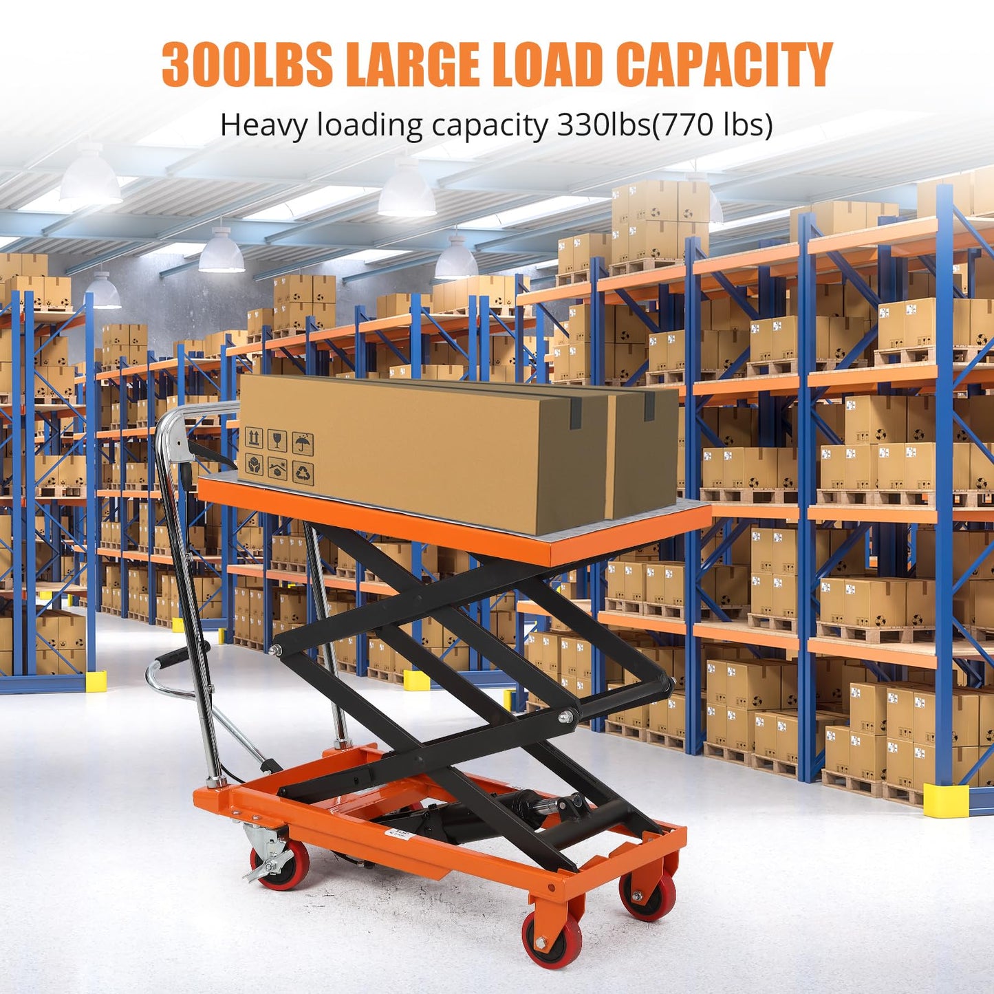 EliteEdge Double Scissor Hydraulic Lift Table Cart - 330 Lbs Capacity, 50" Height, Manual Elevating, 4 Wheels, Non-Slip Pad, Orange - Effortless Lifting, Wide Application, Easy Mobility