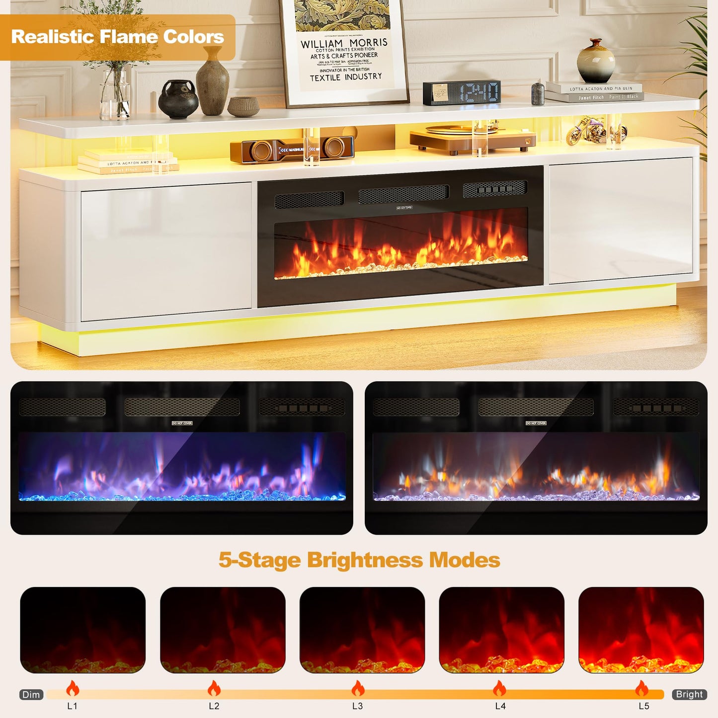 OneBlis 80" Fireplace TV Stand with Double LED Lights for TVs UP to 80", Electric Fireplace Entertainment Center with Storage Cabinets, TV Console for Living Room, Office, White