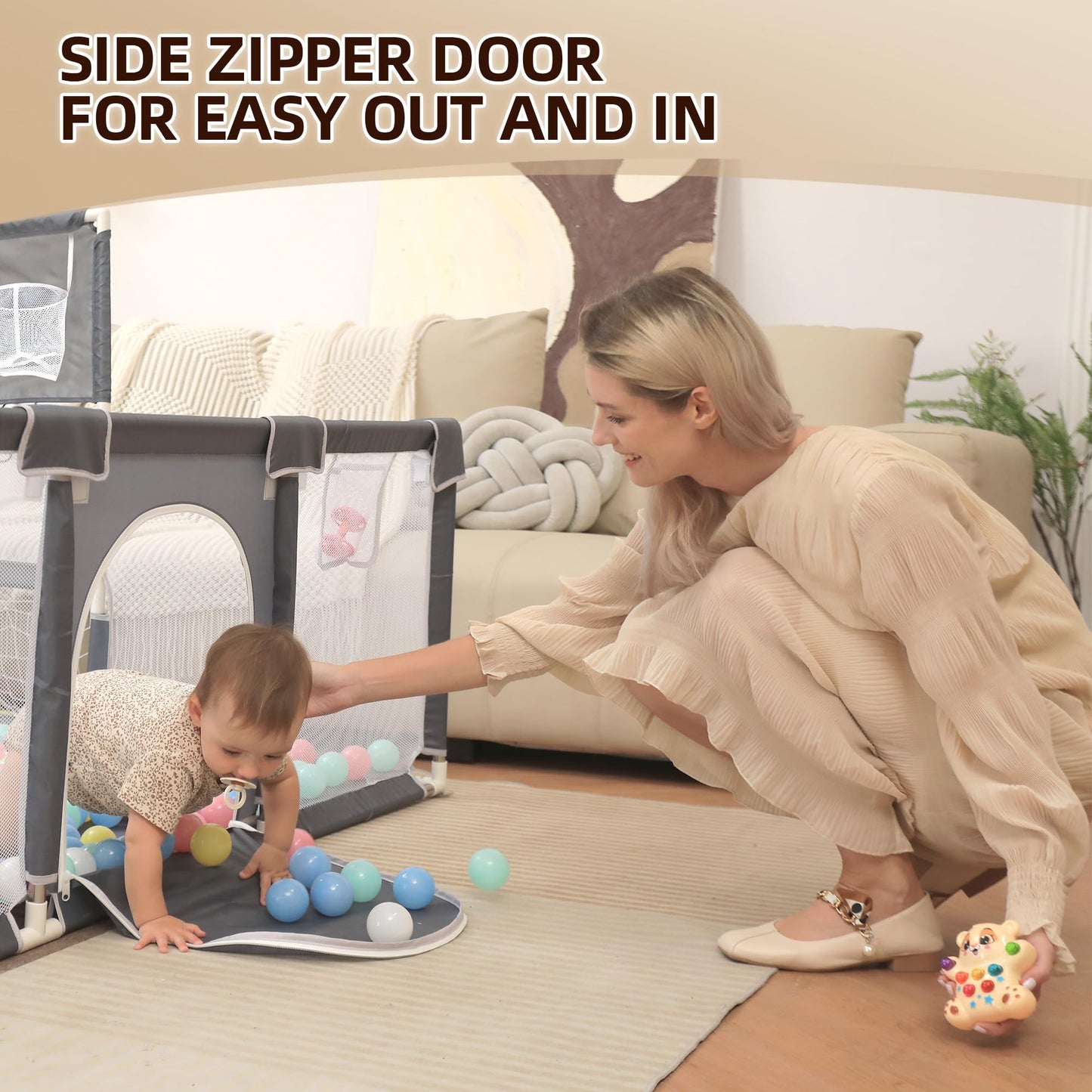 Playpen for Babies and Toddlers,73"x71"Baby Playpen with Mat Indoor&Outdoor with Breathable Play Pen with Ocean Balls Hanging Pocket Basketball Hoop and Football Goal (Grey with Mat, 73"x71")