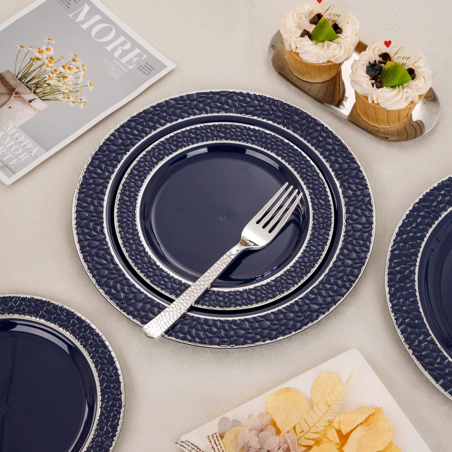 Ciaell 150 PCS Blue and Silver Plastic Plates - Blue Disposable Plate include 50 Plates, 25 Knives, 25 Forks, 25 Spoons, 25 Cups for Weddings & Party & Graduation