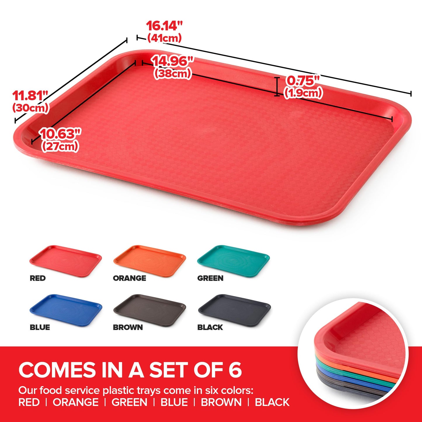 Stock Your Home Large Plastic Serving Trays for Fast Food (Set of 6) 16” x 12” Multicolor Cafeteria Tray for Lunch, Restaurant, Café, Craft Service Carts