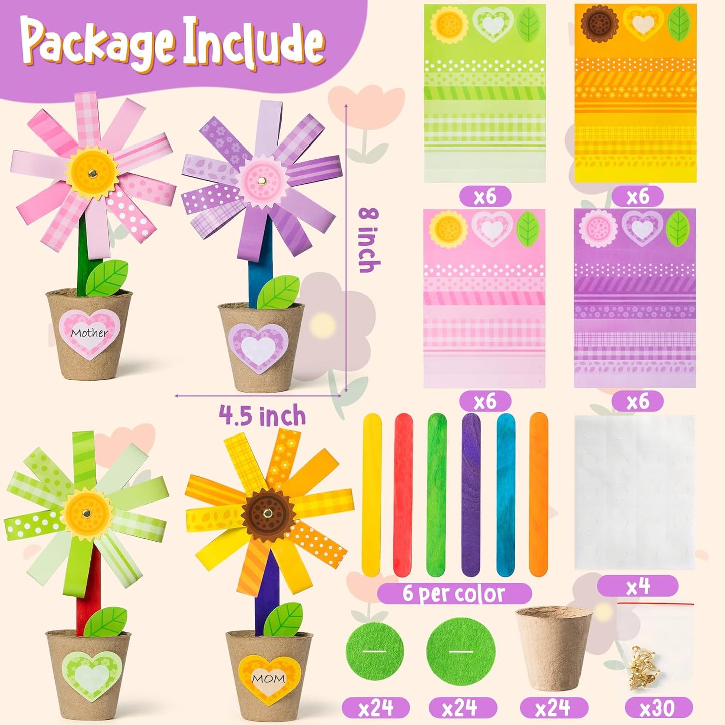 WATINC Mother’s Day Foldable Flower Paper Pot Craft Kits - Make Your Standing Flowers Gift Crafts Decorations, Fun DIY Decor Home School Classroom Art Activities for Mom Kids (24Pcs)