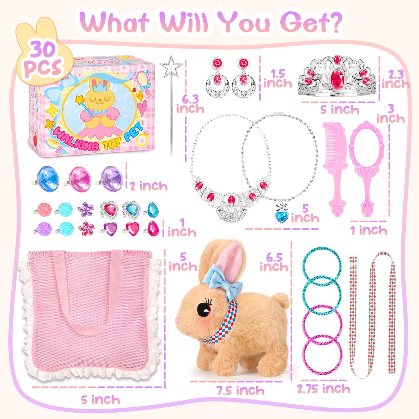 CatchCute Plush Toys Interactive Realistic Walking Bunny Toy Set with Leash and Mesh Storage Bag,Stuffed Bunny with Princess Jewelry Accessories,Perfect Thanksgiving Birthday Gifts for Kids