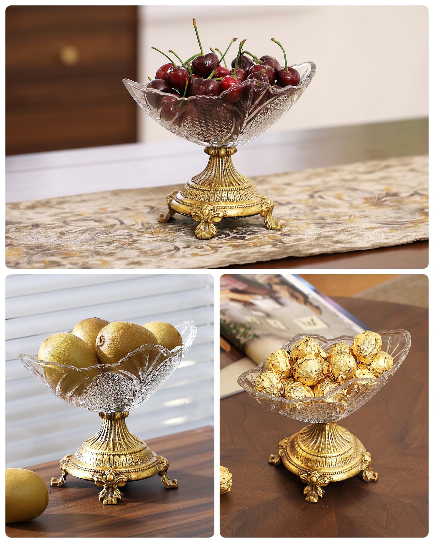 gloriousliving Small Glass Fruit Bowl,8" Decorative Bowl,Decorative Glass Bowl with Gold Pedestal, Kitchen Counter Fruit Bowls for Fruit Vegetable Candy and Key