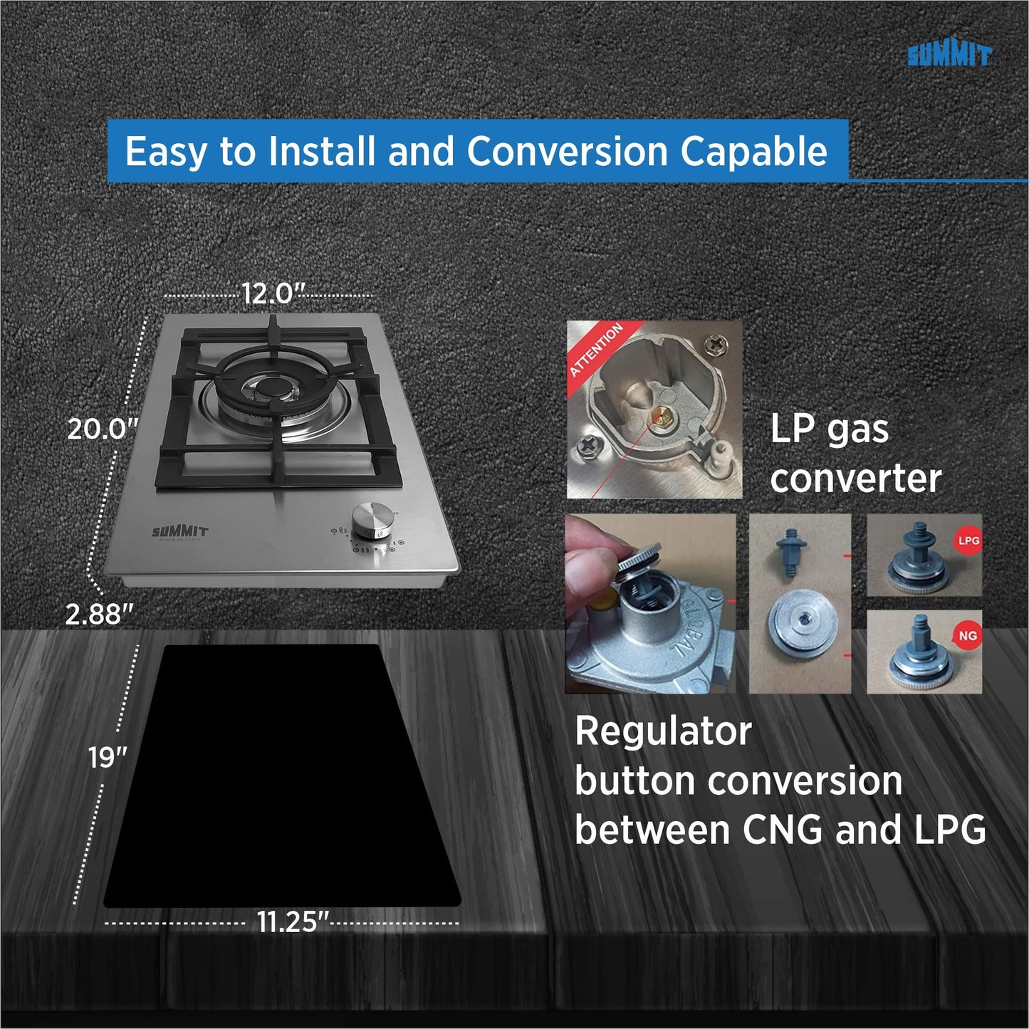 Summit GCJ1SS, 12-Inch-Wide Single Burner Gas Cooktop, Stainless Steel with Sealed Burners, Cast Iron Grates, Wok Ring, NG/LPG Conversion Kit, Flame Failure Protection, Easy to Clean, Cord Included