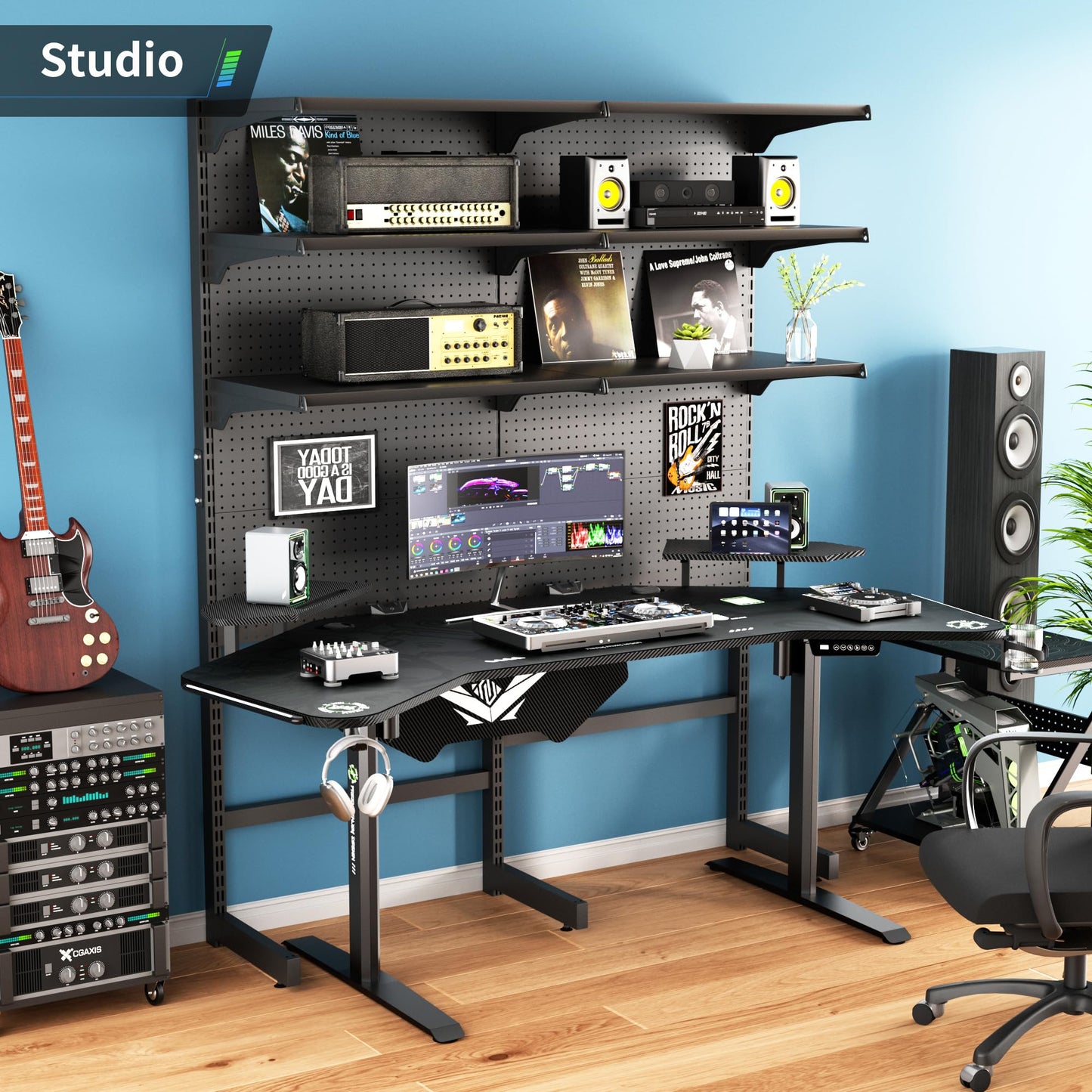 Klobel 72" Standing Gaming Desk with Dual Motor, Wing-Shaped Computer Desk with Full Coverage Mouse Pad, Electric Height Adjustable Standing Desk with RGB LED Lights and Slot Design Shelves