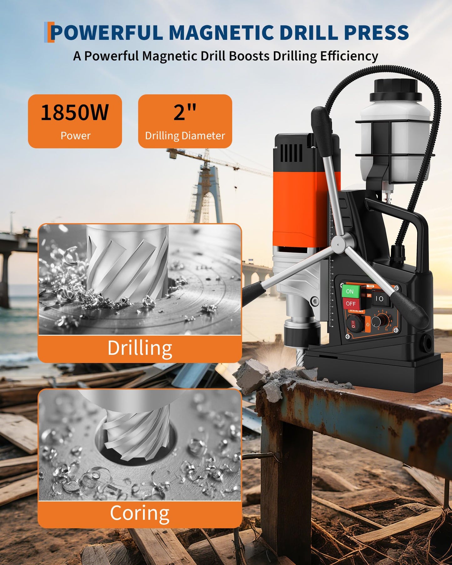 Magnetic Drill, 1850W 2" Boring Diameter, 2922Lbf Power Portable Magnetic, 810 PRM, Variable Speed with Reversible,with 10Pcs Drill Bits 3Pcs Twist Drill and 1Pcs Plastic Box for Metal Surface