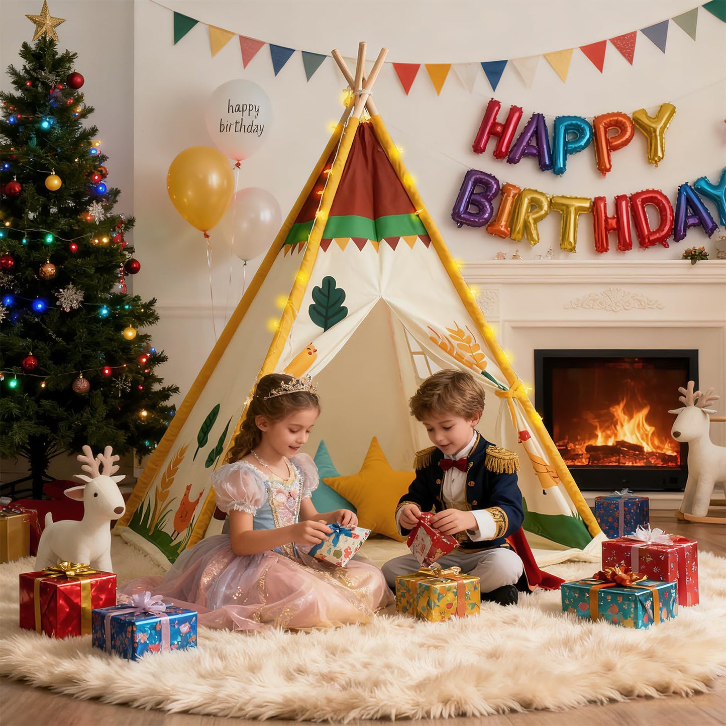 Duwenem Teepee Tent for Kids, Play Tent with Padded Mat & Star Lights, Indoor Play Tent for Girls & Boys, Pastoral Chicken