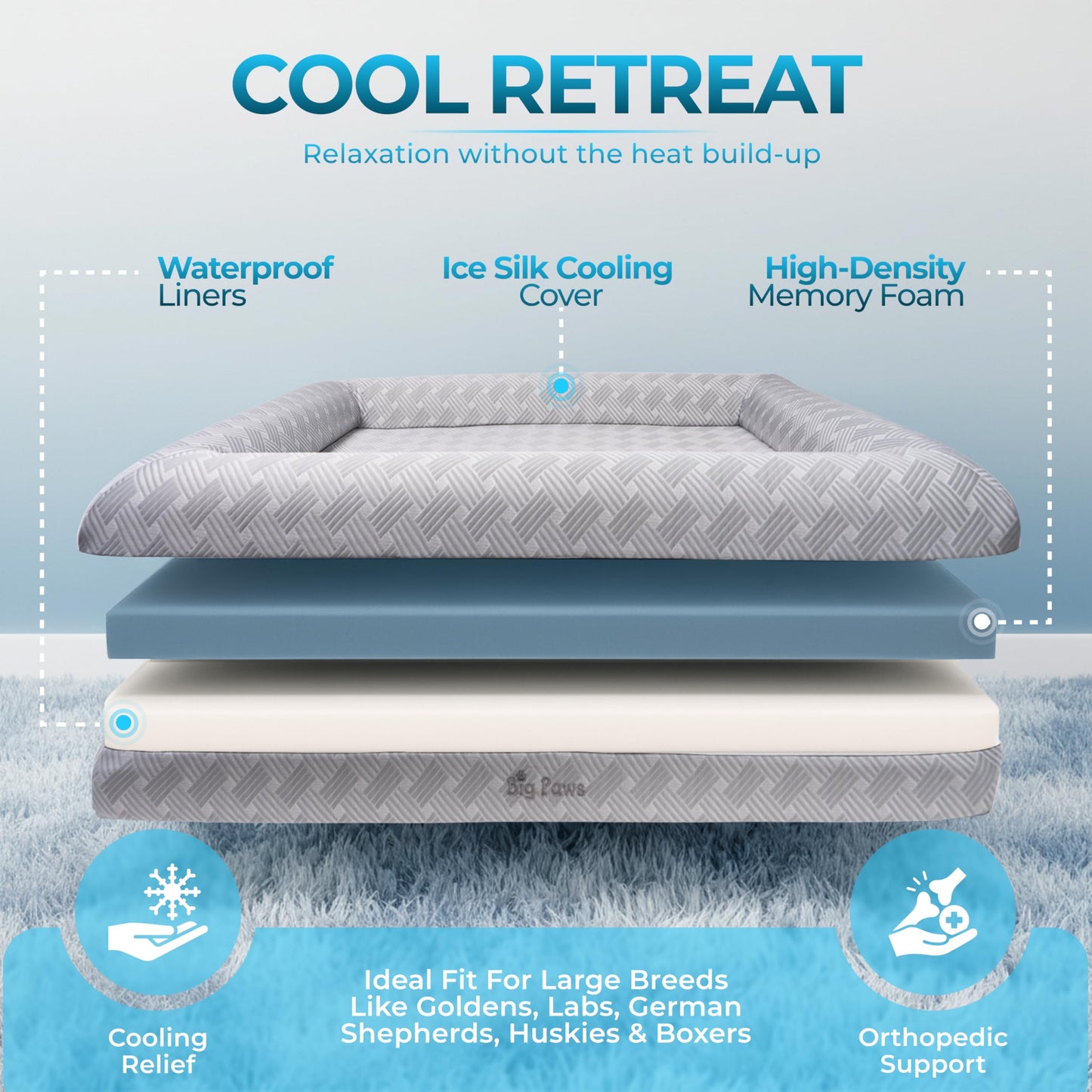 Big Paws Cooling Orthopedic Dog Bed for XL & Senior Dogs + Enclosed Support, High-Density Memory Foam, Waterproof Liners, Washable Cover