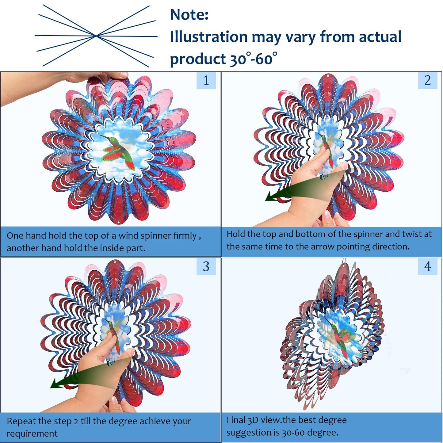 Eiryhope Hummingbird Animated Wind Spinner - 12In 3D Kinetic Hanging Sculpture, Creates Flying Hummingbird Animation Effect | Outdoor Garden Yard Decor, Unique Gift for Mom/Dad/Women/Men & Christmas