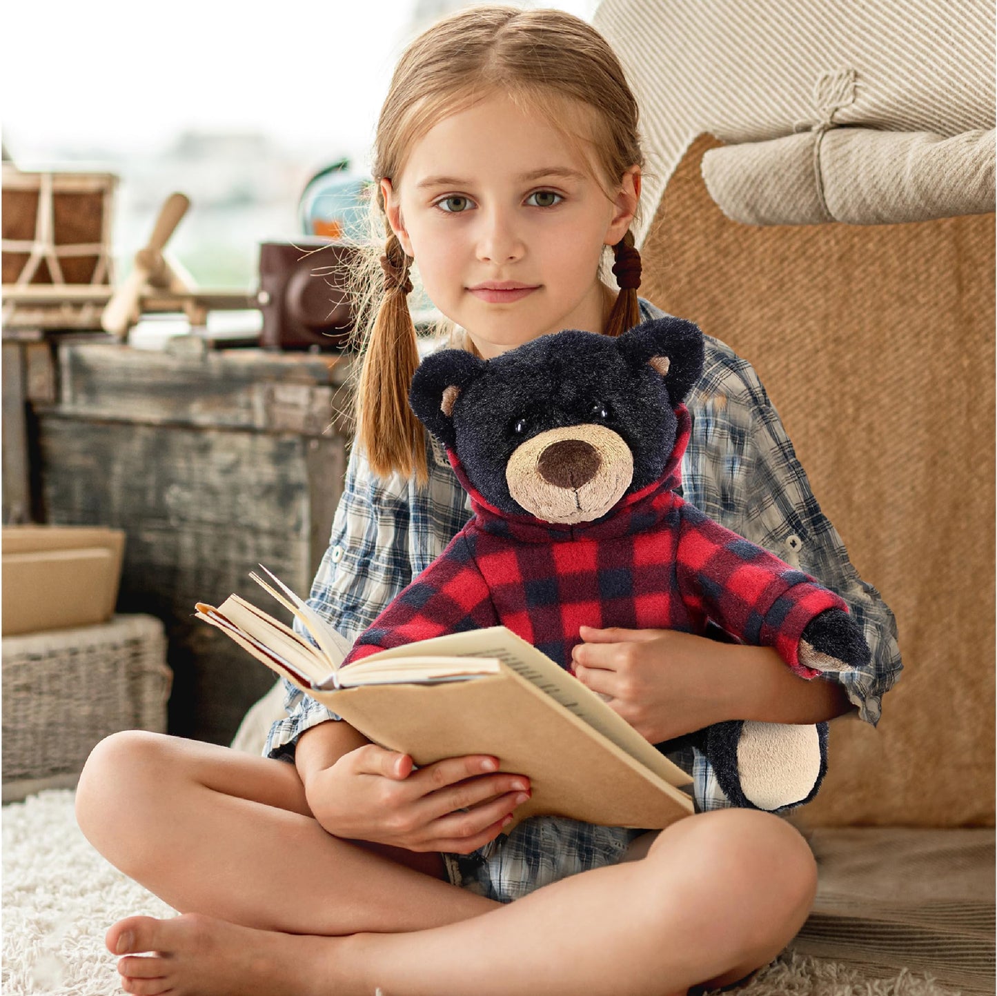 DolliBu Super Soft Moose Stuffed Animal with Plaid Red Hoodie Sweater - Cute Moose Plush Lumberjack Stuffed Toy with Plaid Jacket Animal Hoodie Dress Up for Christmas, Holiday, Winter - 10 Inches