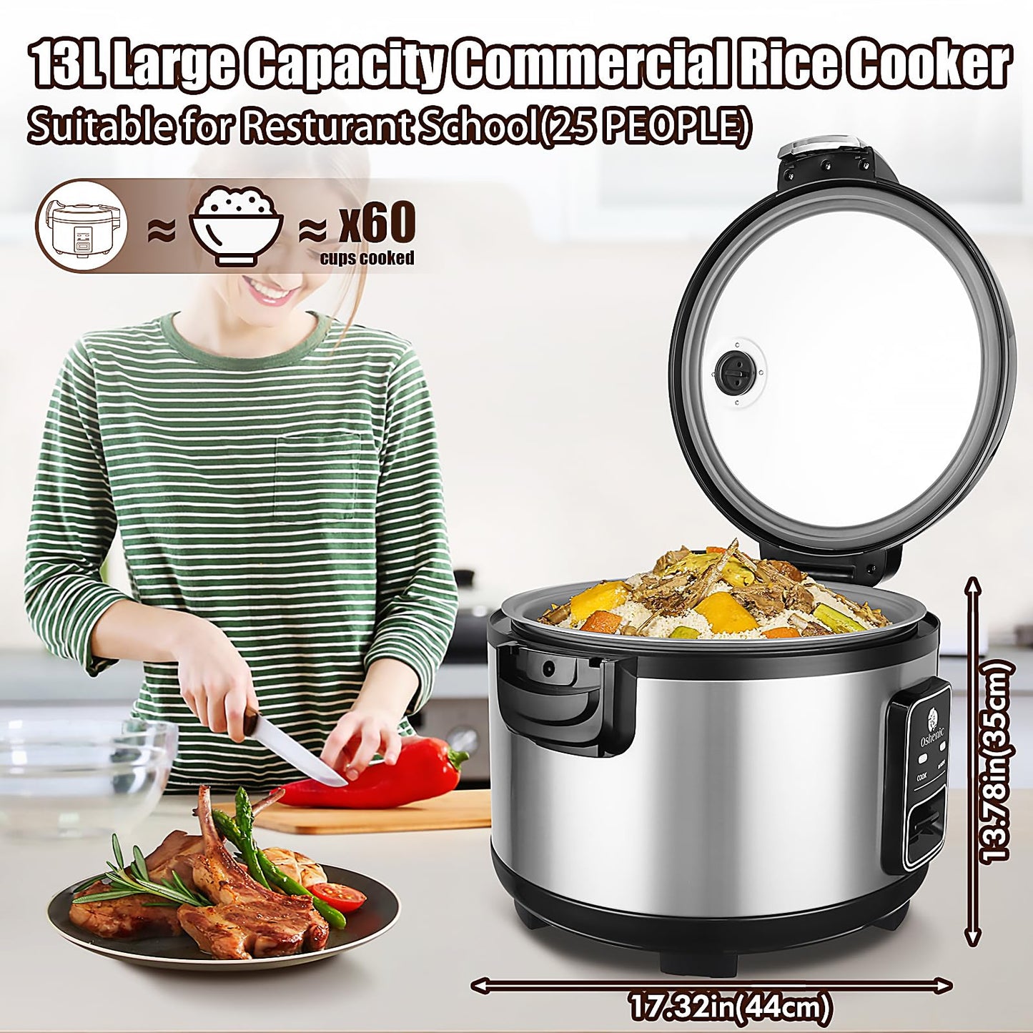 Oshenic Commercial Rice Cooker & Warmer 60 Cups (Cooked),13.8 Qt / 13 Liter Large Capacity Rice Cooker,Auto Keep Warm,Non-Stick Inner Pot,One-Touch Operation,1350W Fast Cooking Electric Rice Cooker