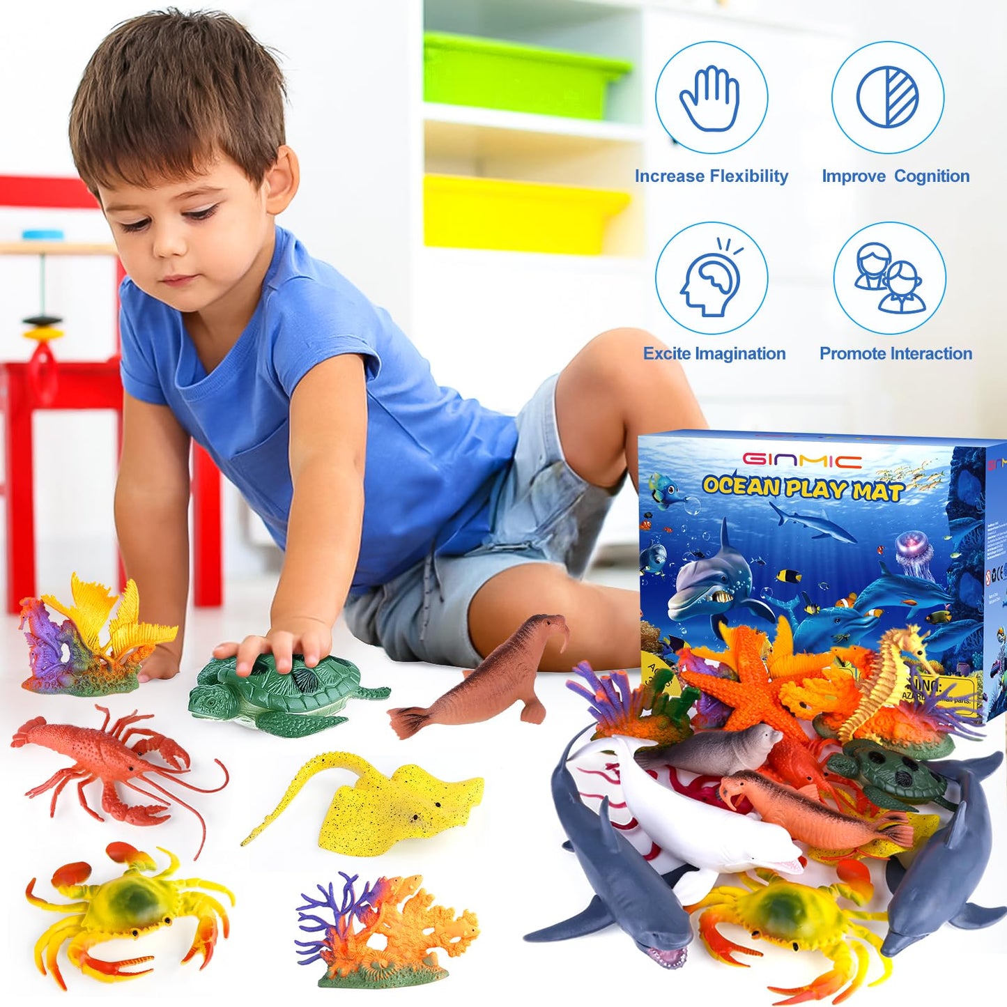 GINMIC Kids Ocean Animals Toys with Large Play Mat , 18 Pack Assorted Realistic Sea Animal Toys with Carrier Bag Including Shark, Whale, Dolphin etc, for Toddler, Boys & Girls Ages 3-8