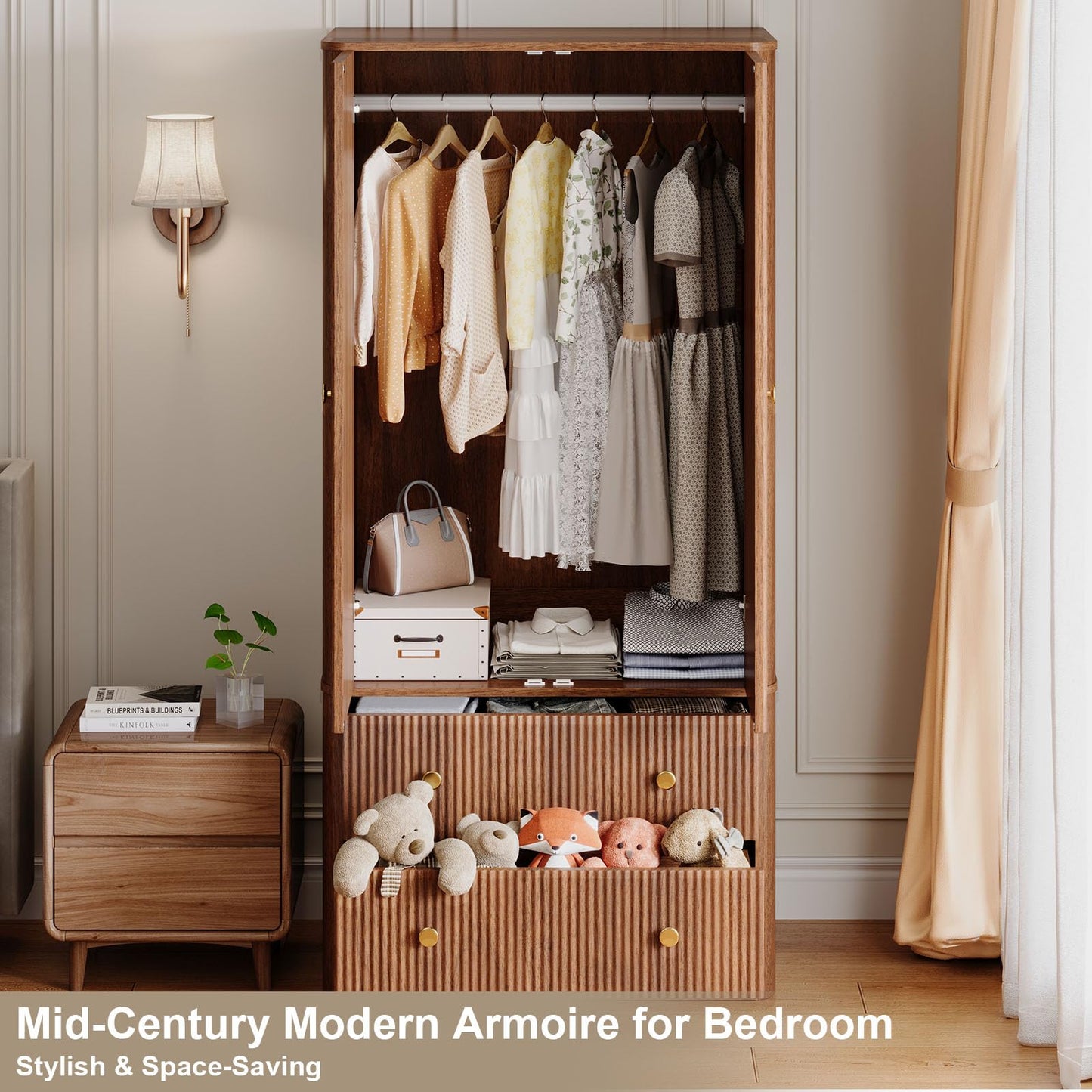 EVLIQUIL Mid-Century Modern Bedroom Armoires Wardrobe - 66" Clothing Storage Organizer with 2 Spacious Drawers & Hanging Rod, Freestanding Space-Saving Walnut Finish, Walnut