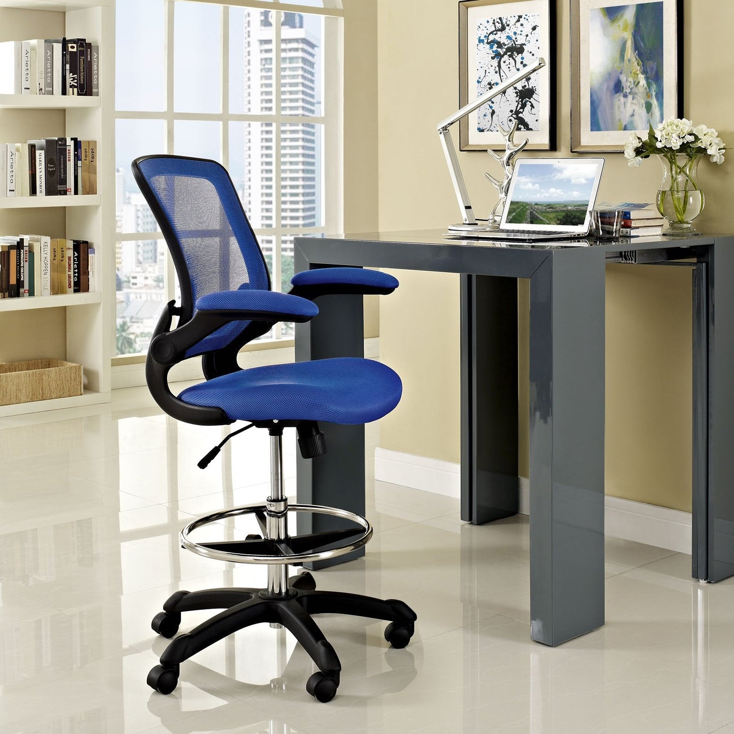 Modway Veer Drafting Chair - Reception Desk Chair - Flip-Up Arm Drafting Chair in Blue