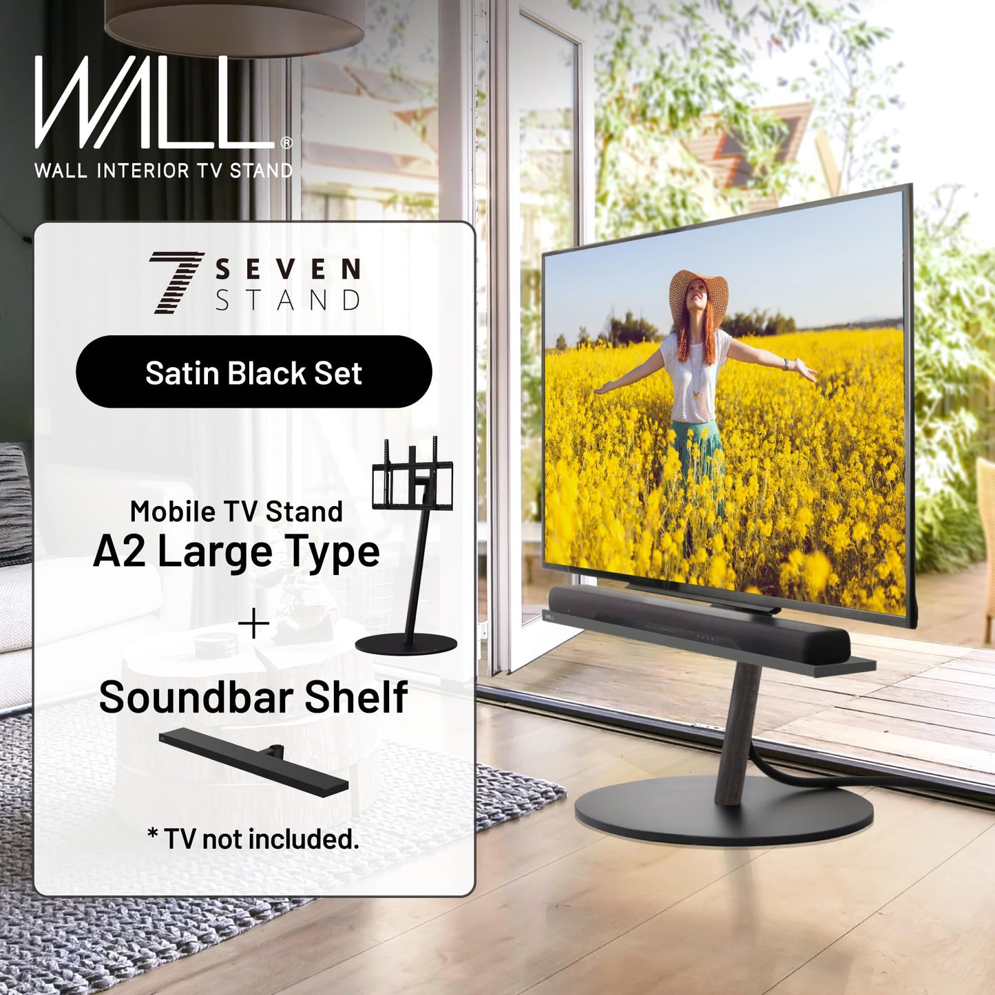 WALL Seven Stand A2 Large | Rolling TV Stand for 45–80" w/ 37.4" Soundbar Shelf | Satin Black | Portable TV Stand with Shelf | Height Adjustable, Space Saving, for Living Room and Bedroom