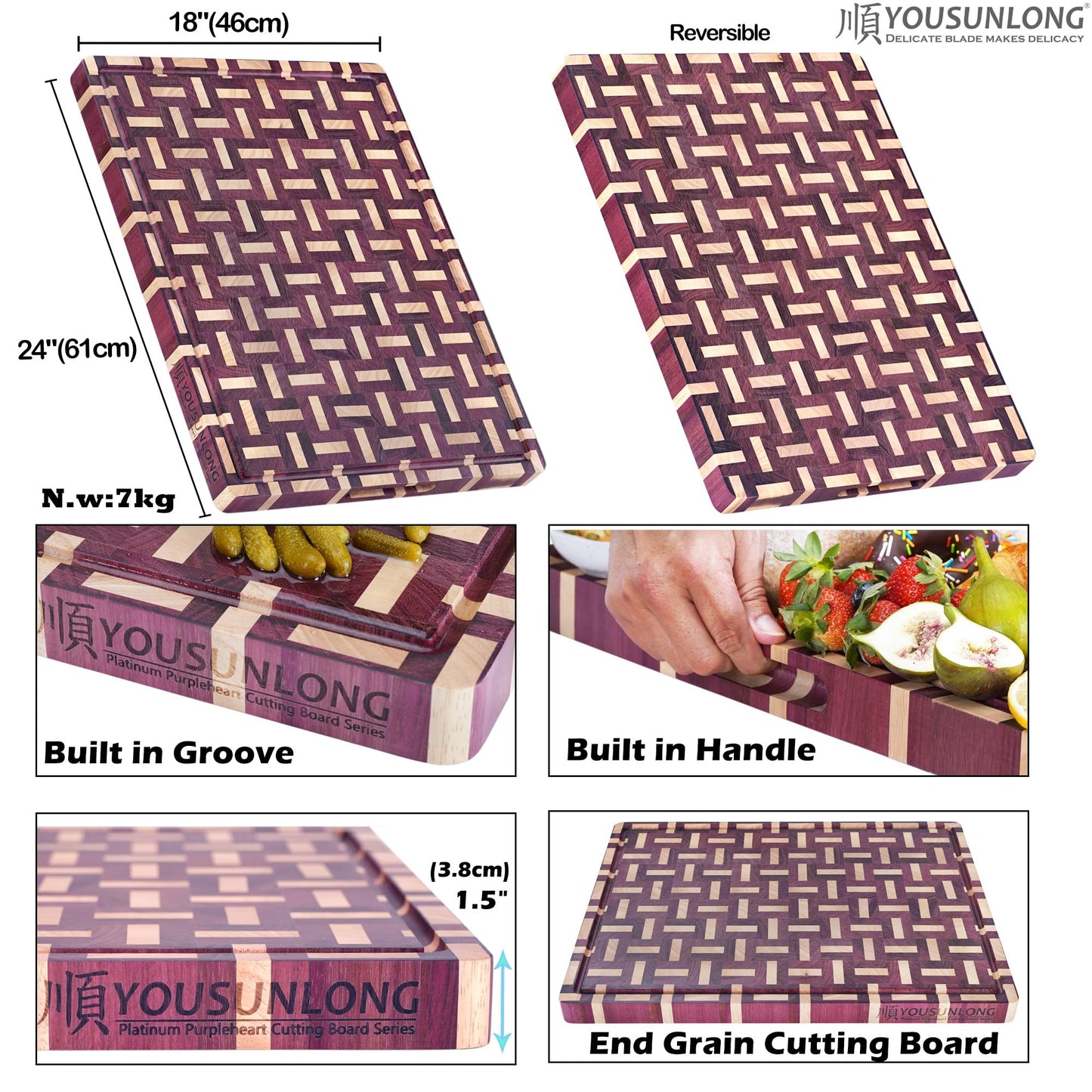 YOUSUNLONG Extra Large Cutting Board End Grain Purple Heart Wood - Thickened-Heavy Duty Butcher Block 24"L x 18"W x 1.5"Th w/Juice Groove and Handle - Serving Tray for Meat & Cheese,Brisket Board