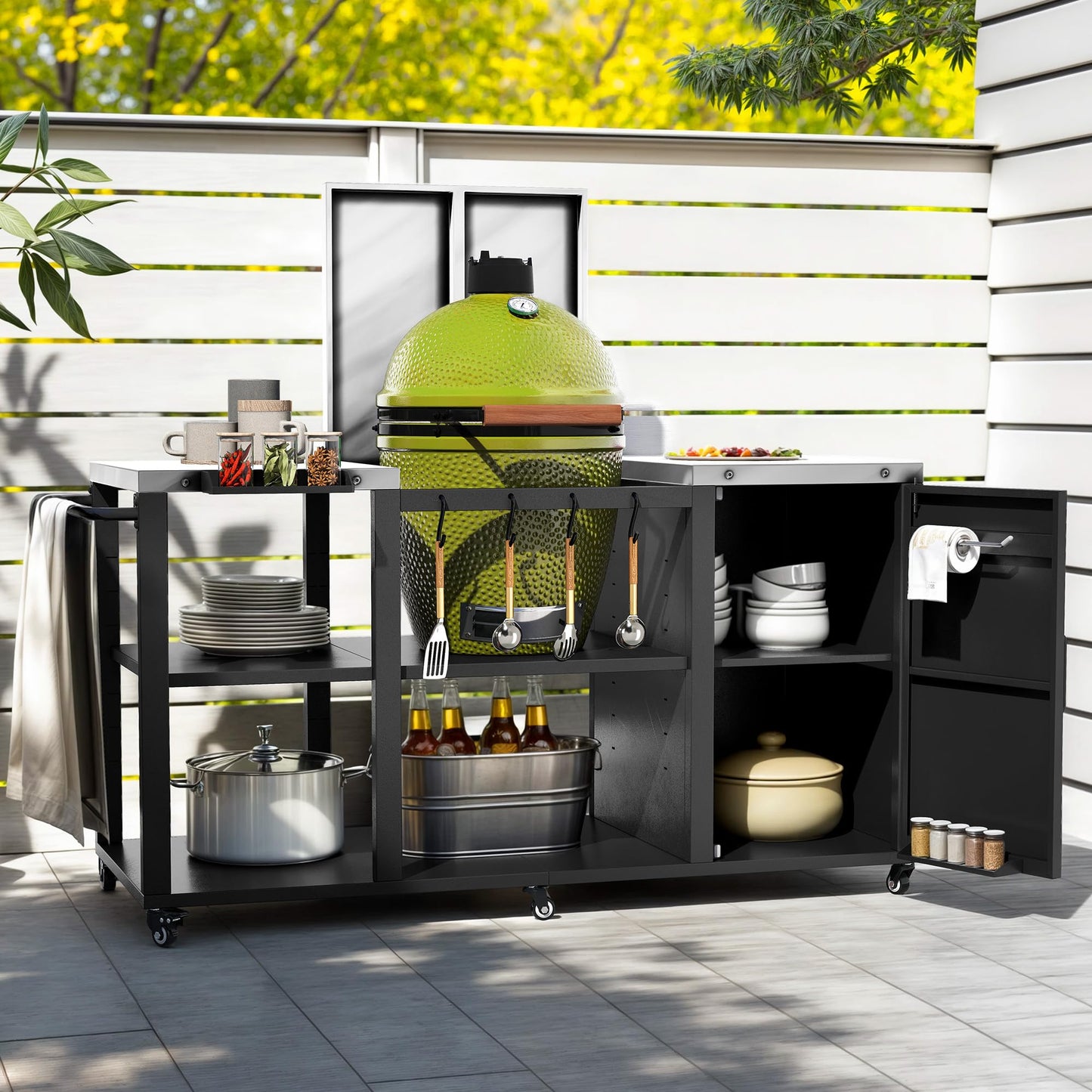 DWVO XL Outdoor Grill Table with Stainless Steel Tabletop, Grill Cart with Adjustable Storage Shelves, Spice Rack, Paper Towel Holder, and Trash Bag Holder, BBQ Prep Table for Parties