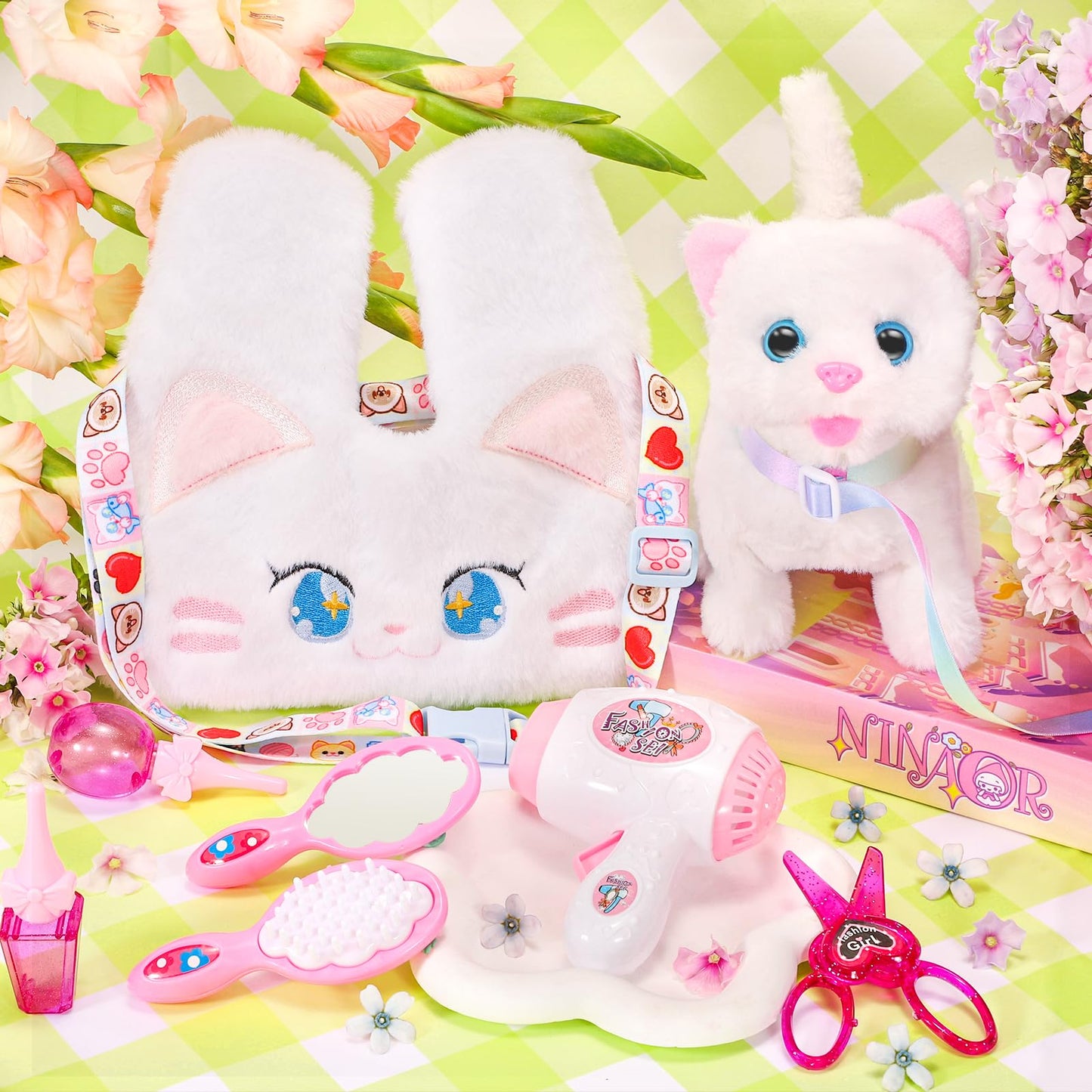 NINAOR Interactive Cat Toys for Kids with Crossbody Bags, Stuffed Cat Plush with Leash Walking Meow Pretend Play Kitty Robot Pet Toy, Electronic Realistic Cute Stuff for Girls Plushies Toddler Toys