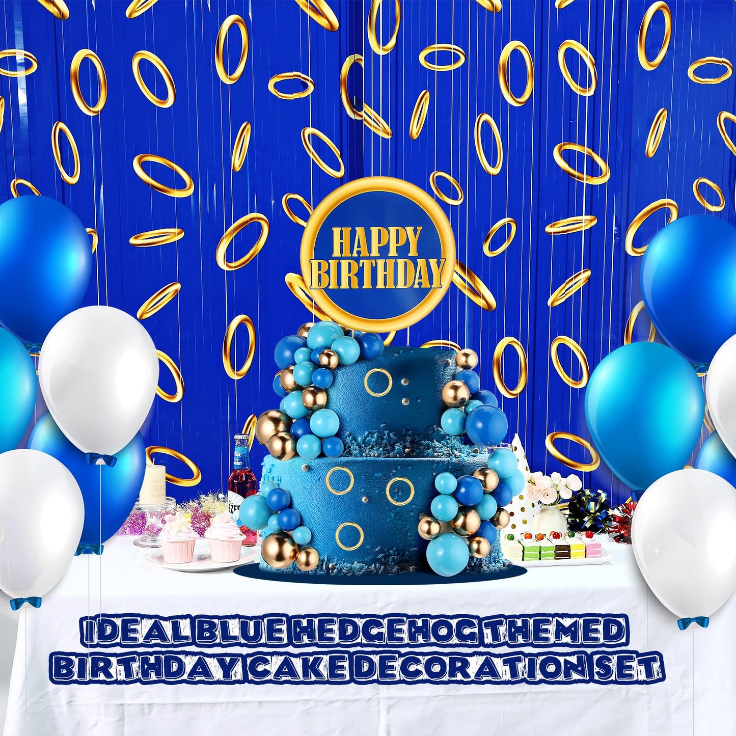 Chunful 66 Pcs Hedgehog Theme Cake Topper Happy Birthday Cake Decorations Blue Gold Balls for Baby Shower Cartoon Birthday Party Supplies