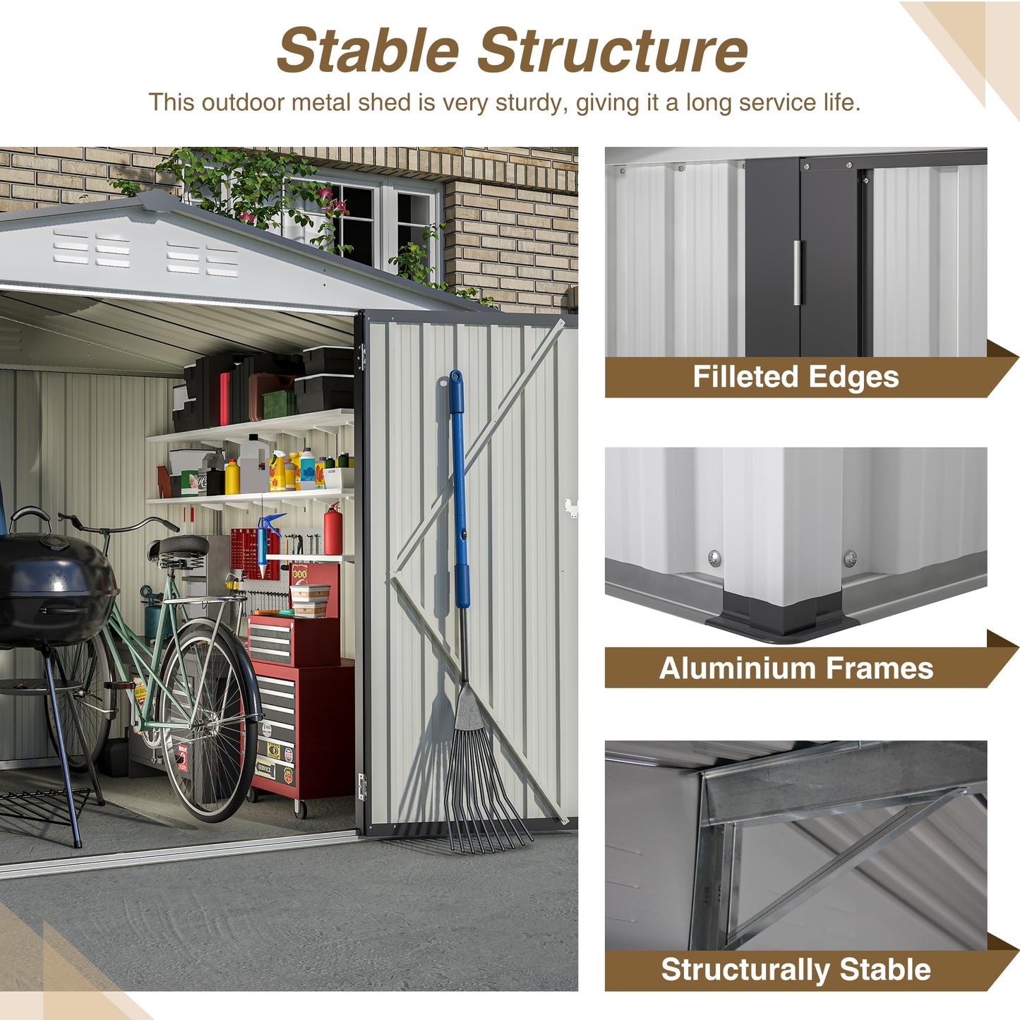 KEIKI Storage Shed 8x6 FT, Large Metal Tool Shed for Outdoor Storage, Galvanized Steel Garden Shed with Lockable Doors for Patio, Backyard, Lawn, White