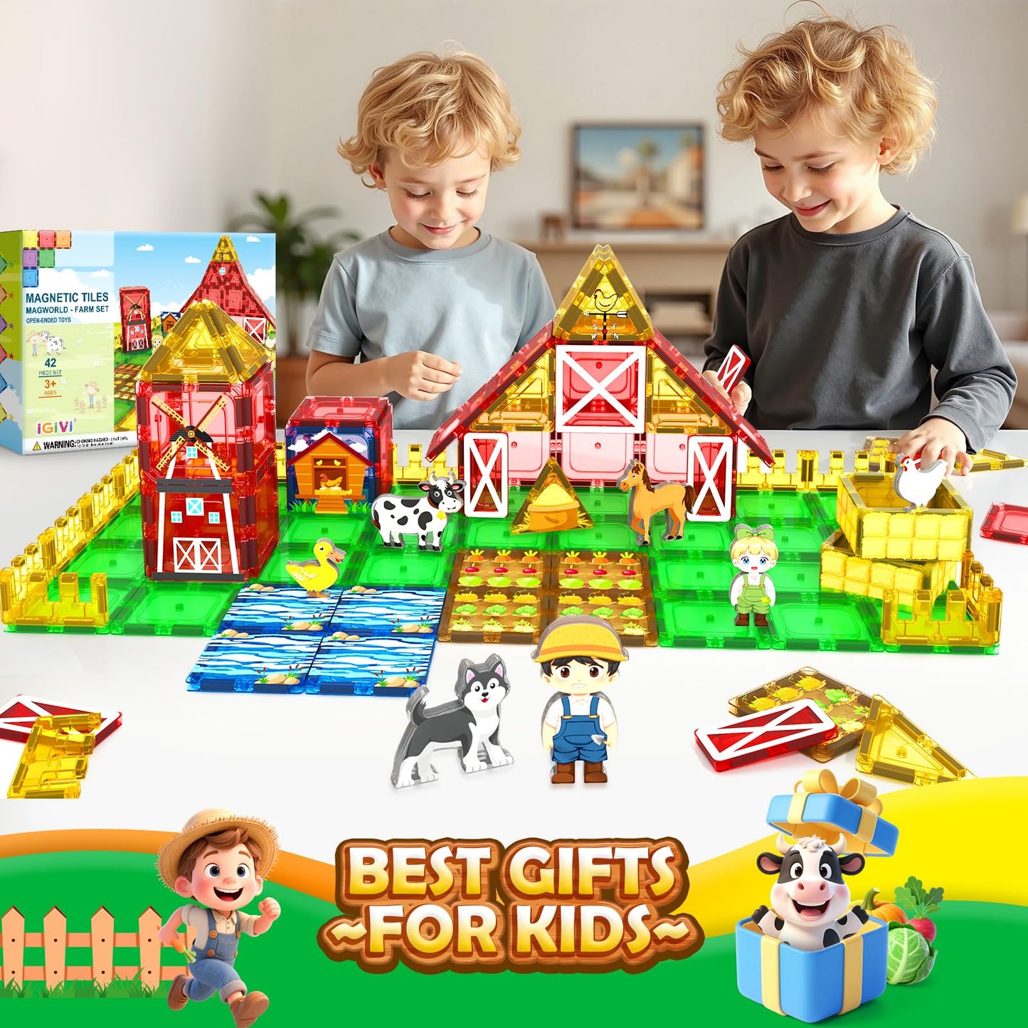 IGIVI Magnetic Tiles Farm Animals Toddler Toys, STEM Magnet Building Blocks for Kids Ages 3-5 5-7 4-8, Preschool Montessori Sensory Toys Gifts for 3+ Year Old Boys & Girls