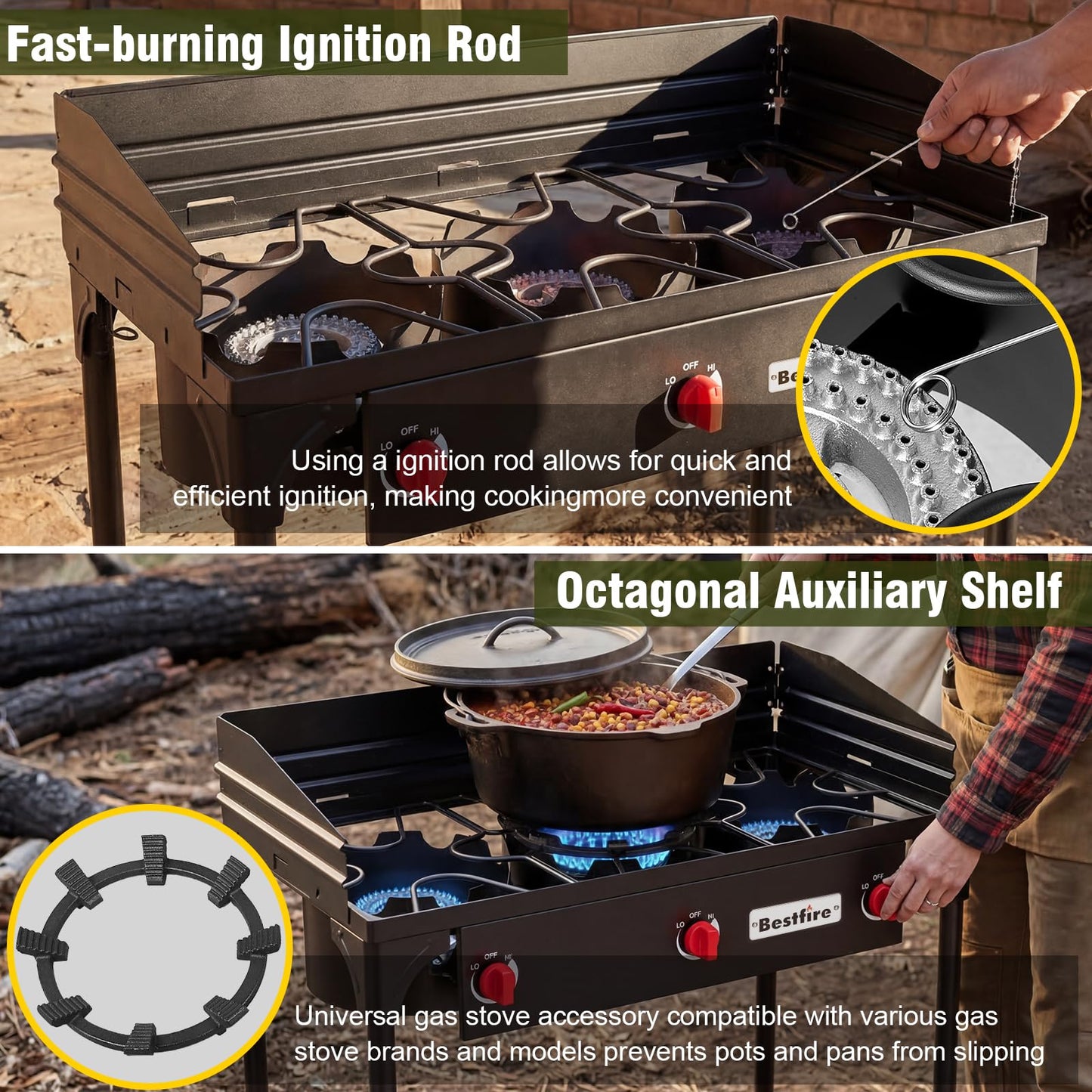 BSETFIRE 3 Burner Camping Stove, 225,000 BTU Propane Stove with Detachable Windscreen, 20 PSIG Regulator & Removable Legs for Outdoor Cooking, Canning & BBQ