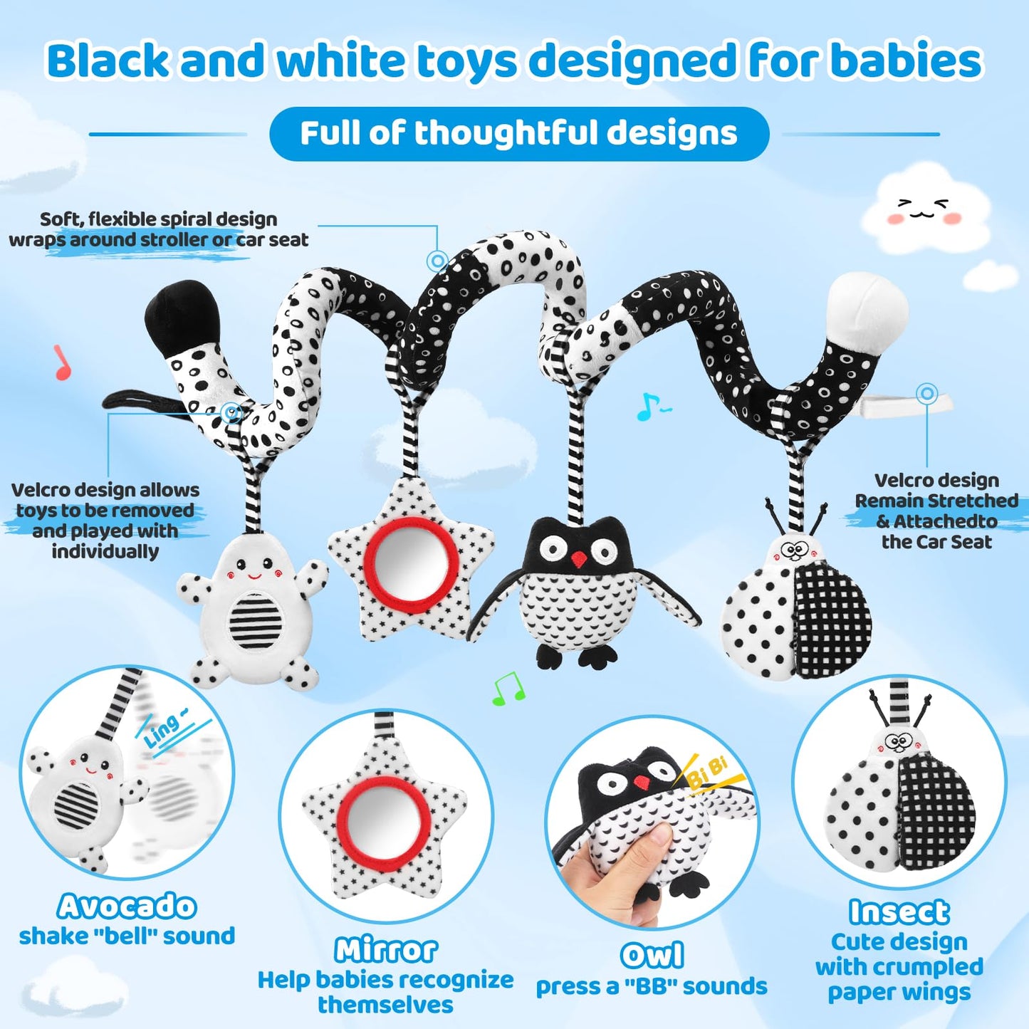 AJsupojouet High Contrast Baby Toys - Black & White Hanging Toys for Car Seat, Stroller & Crib | Newborn Essentials 0-6 Months | Perfect