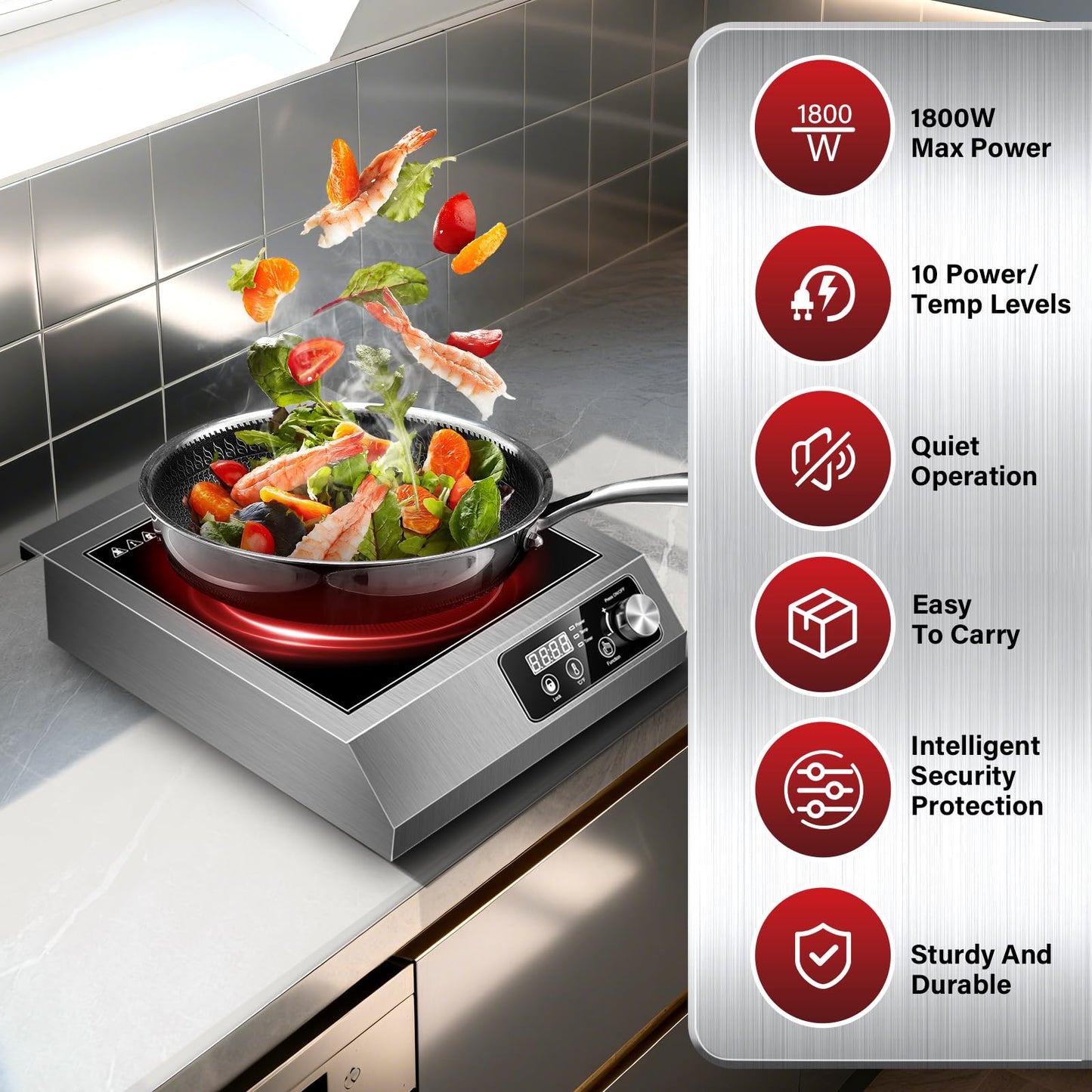Zomagas 1800W Commercial Induction Cooktop: Features 10-Level Precision Power Control and Low-Noise Cooling for Home Chefs and Party Catering,With Knob and LCD Screen