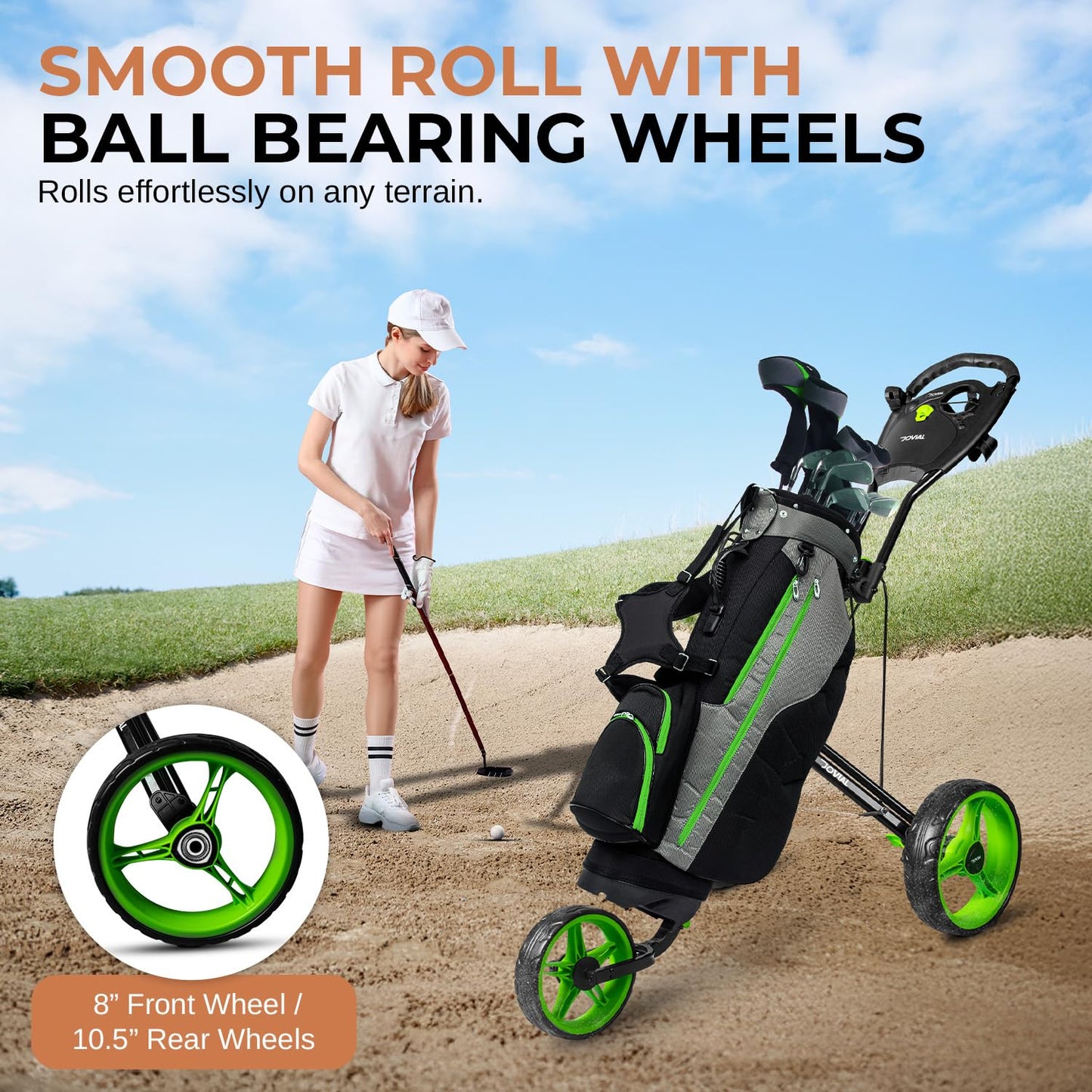 JOVIAL Junior 3-Wheel Golf Push Pull Cart – Lightweight Foldable Aluminum Frame with Deluxe Scorecard Holder, Padded Adjustable Handle, Bag Holder Straps, Quick Braking System & Compact Storage