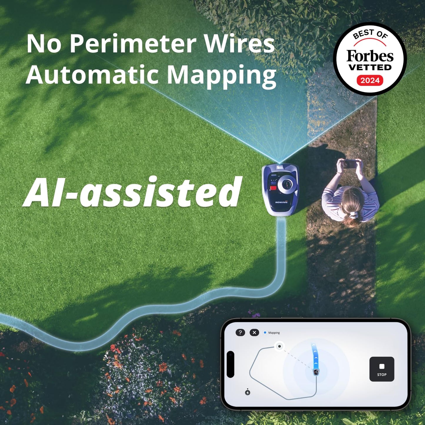 Segway Navimow i105N Robot Lawn Mower Perimeter Wire Free 1/8 Acre RTK+Vision Robotic Lawnmower, AI-Assisted Mapping, Virtual Boundary, APP Control, 58dB(A) Quiet, Multi-Zone Management