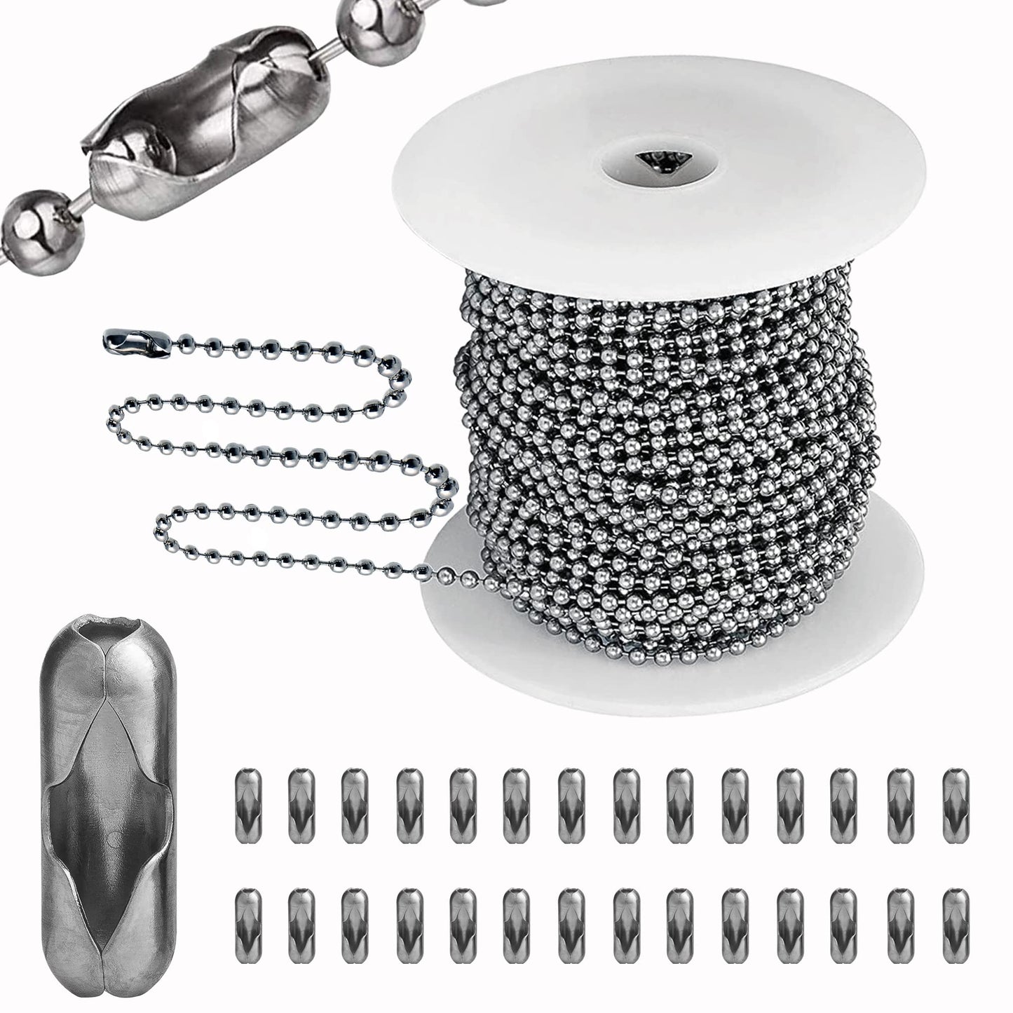 55ft Ball Bead Chain, 4.0mm Stainless Steel Ball Chain with 100 Pieces Connectors Clasps, Bulk Bead Chain Necklaces for Jewelry Making Supplies DIY Craft Chain, Dog Tag Chain, Men Military Keychain