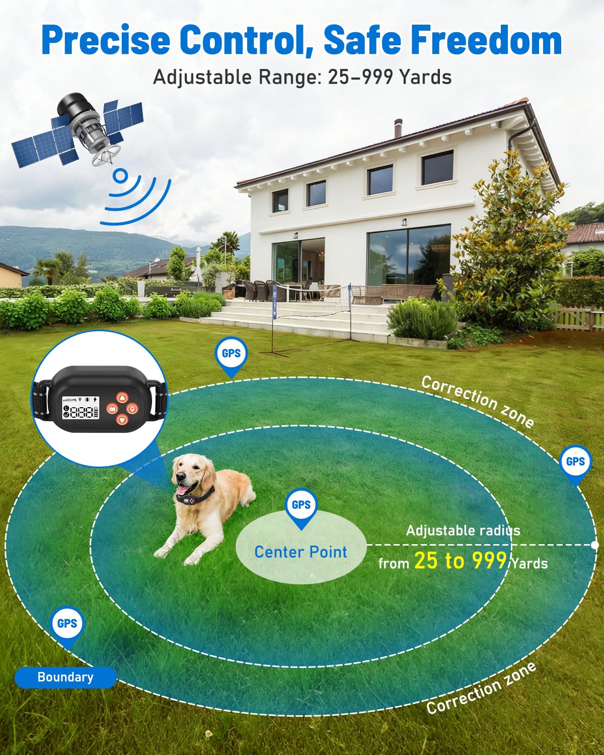 LOTYP Wireless Dog Fence, GPS Dog Collar Fence System, Electric Containment, IP67 Waterproof, Radius from 25-999 Yards, Beep/Vibration/Shock Correction, for Dogs 18 lbs & Up