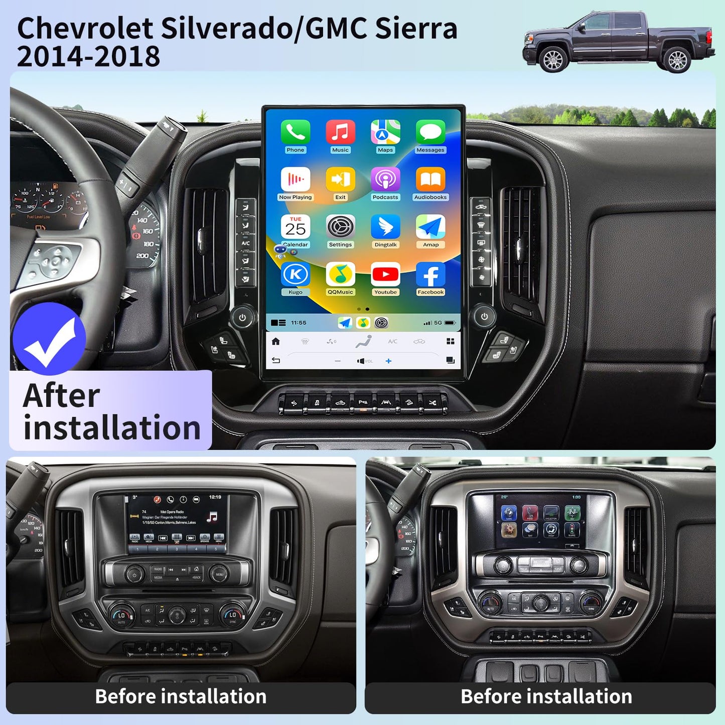 Car Radio for Chevrolet Silverado GMC Sierra 2014-2019 Stereo Replacement Head Unit 15.6 Inch 2K IPS Touch Screen Tesla Style Carplay Android Auto GPS Navigation Multimedia Play OEM 8 Inch (Black)