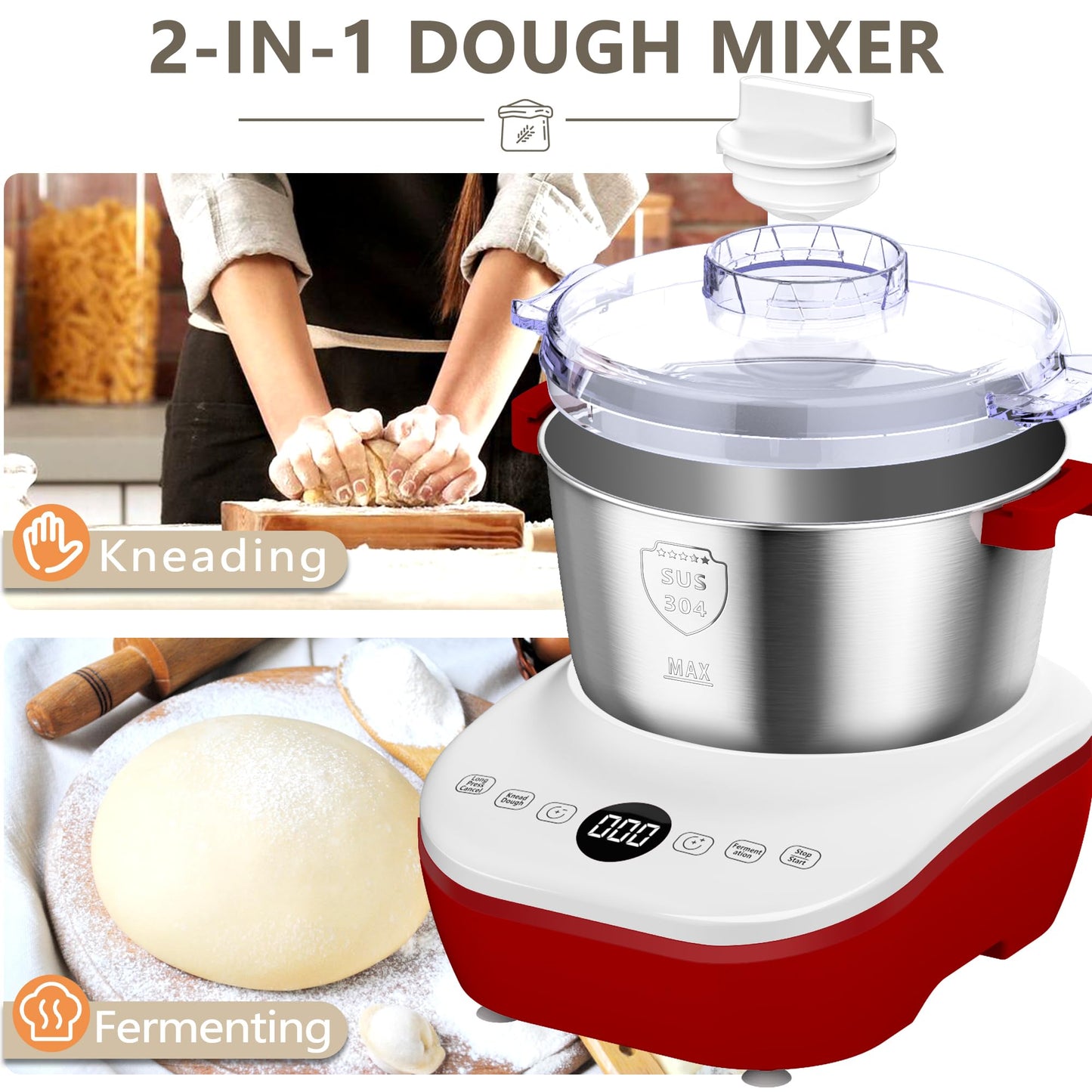 AIZIYO DoughChief, Electric Dough Mixer 7.4Qt with Ferment Function, Dough Maker 304 Stainless Steel Bowl, Microcomputer Control, Face-up Touch Panel, Easy To Clean for Bread & Pizza
