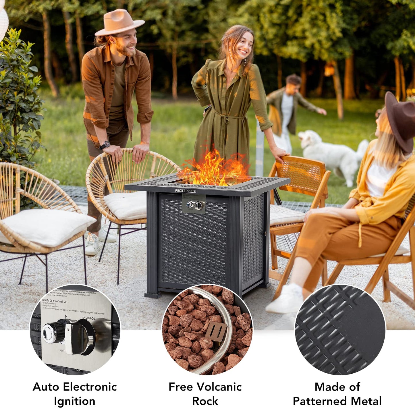 28 Inch Propane Fire Pit Table, PioneerWorks 50000BTU Rectangle Fire Table with Cover, Sturdy Steel and Iron Fence Surface, CSA Safety Certified, Companion for Your Garden