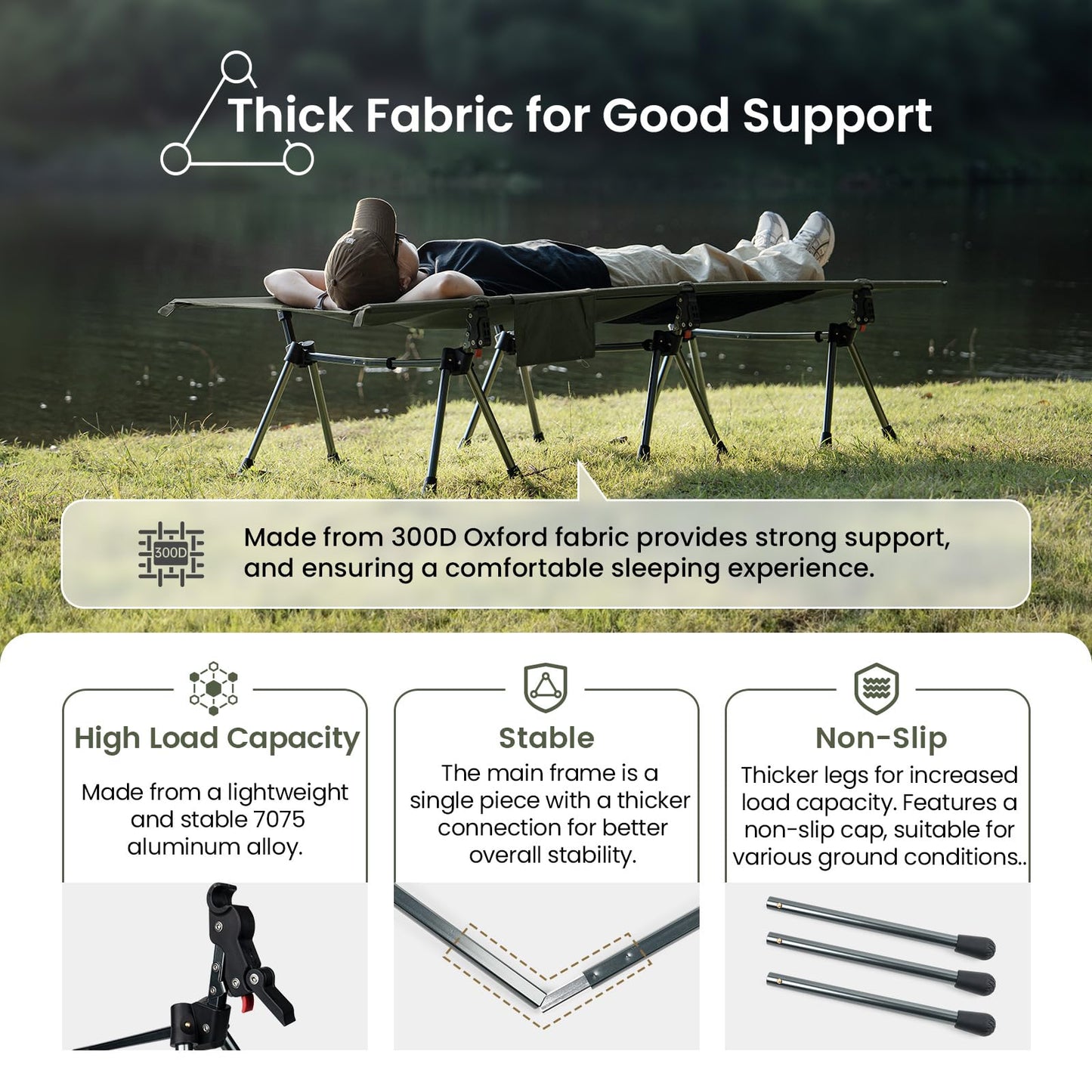 ONETIGRIS SUPRANUBIS Camping Cot, Height Adjustable with Cot Leg Extenders, Strong Support 330lbs, Lightweight Comfortable Folding Bed for Camping, Hiking, Travel, Truck, Beach, Office Nap
