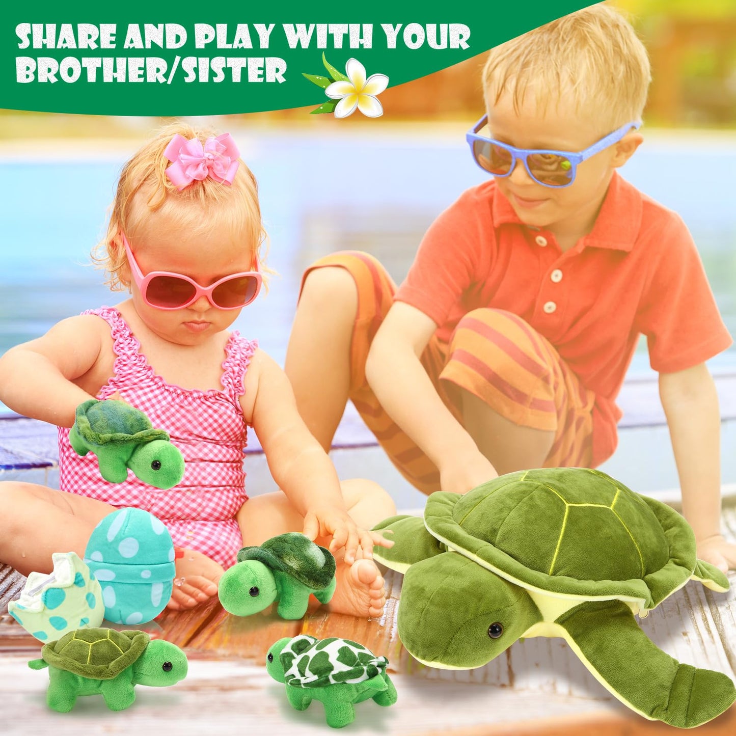 Aoriher 6 Pieces Sea Turtle Stuffed Animal with Babies 12" Mommy Stuffed Sea Turtle with 3 Little Plush 2 Plush Eggs Soft Pillow Tortoise Hugging Gifts for Kids Birthday Baby Shower Party(Classic)