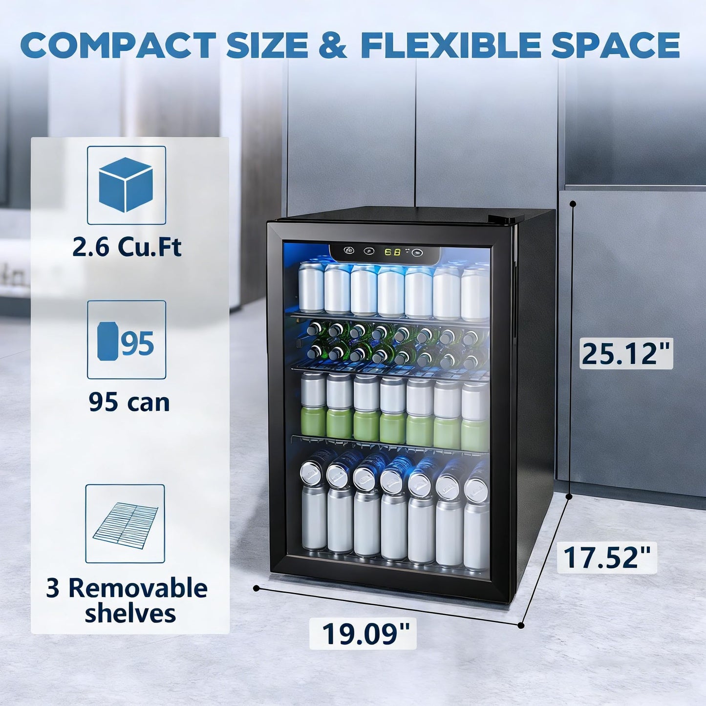 Electactic 95 Cans Beverage Refrigerator, 26 Bottle Mini Fridge, 2.7 cu.ft Drink Fridge Digital Temperature Control for Bottled Beer, Soda,Water