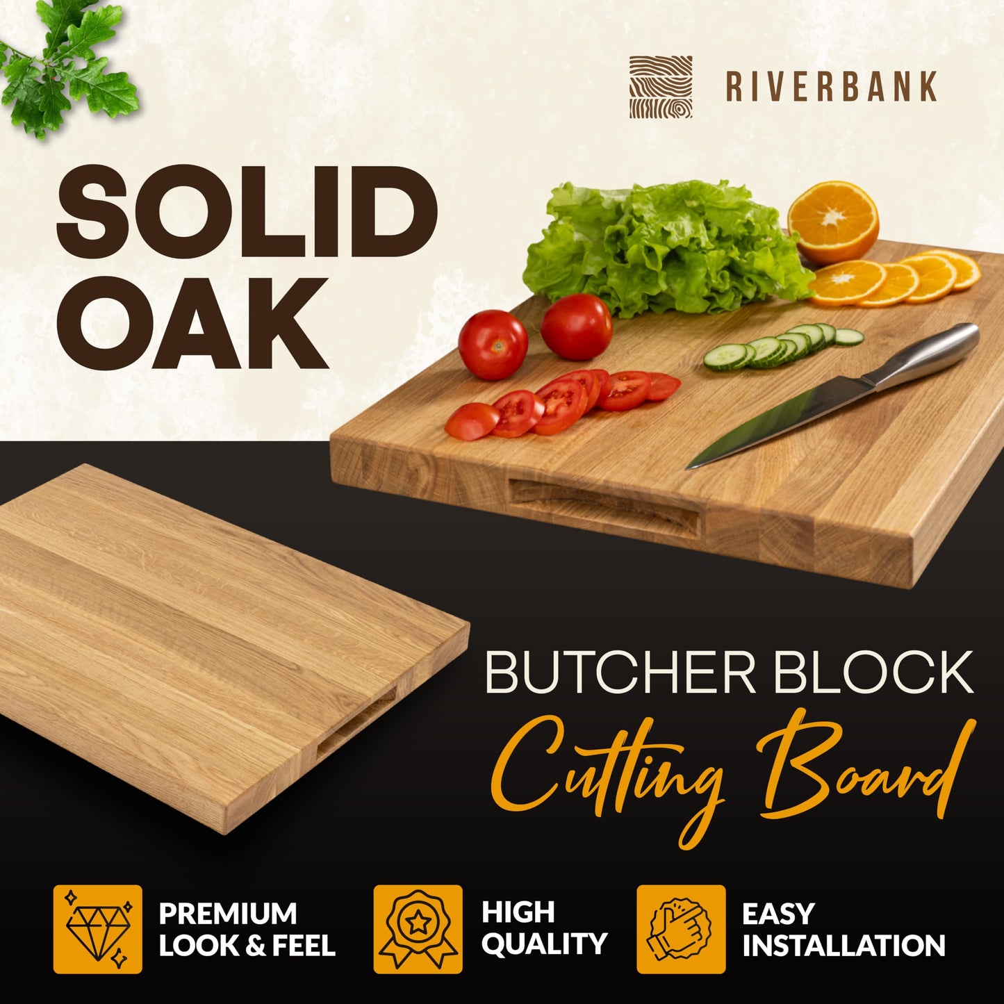 Riverbank Solid Wood Oak Butcher Block Cutting Board in Extra Large XL Size 24"x18"x1.5", Reversible Wooden Chopping Board with Handles, Gift Box Included