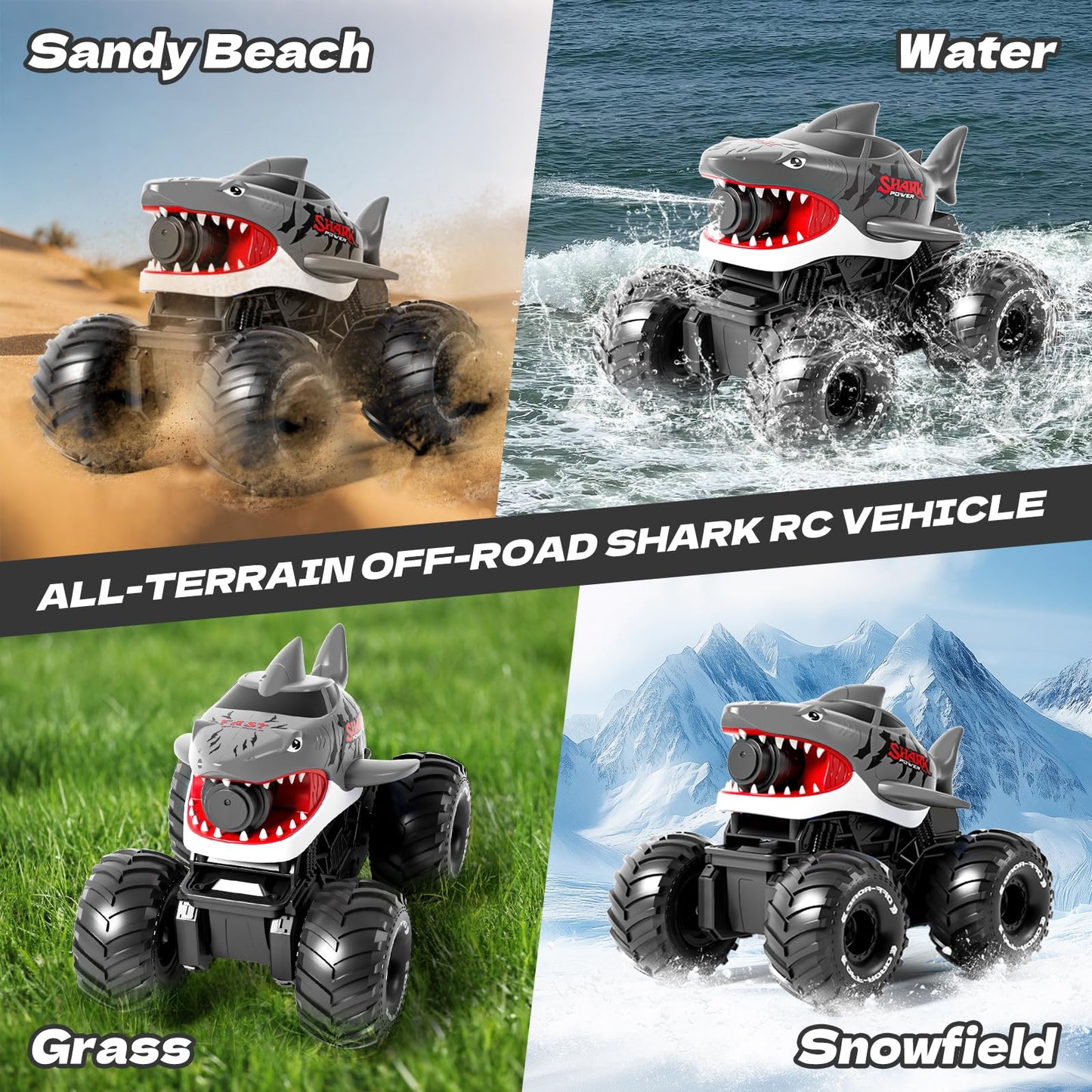 Gesture Sensing Amphibious Remote Control Gray Shark Monster Truck with Water Squirt 4WD 1:16 RC Car All-Terrain Waterproof RC Tank Pool Toy Outdoor Summer Gifts for Kids Age 6+(2 Replaceable battery)