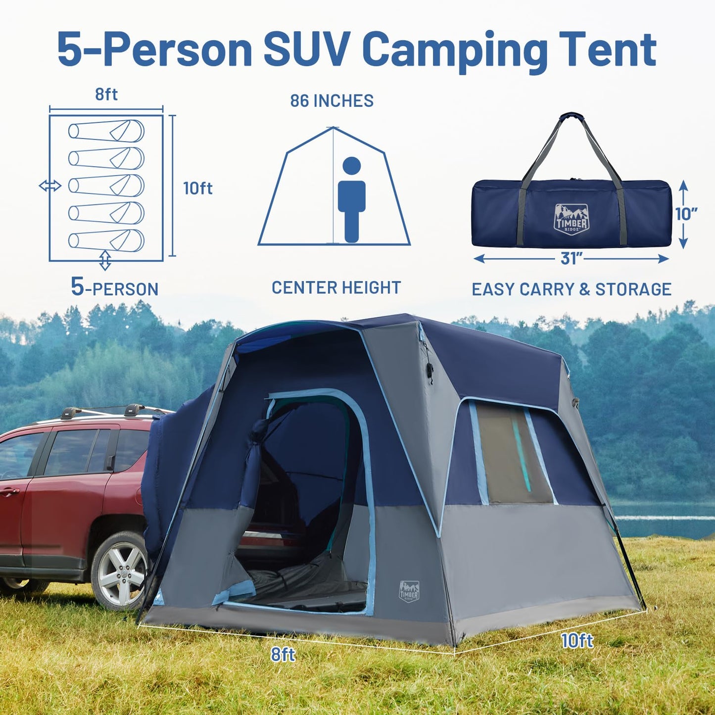 TIMBER RIDGE 5 Person SUV Tent Weather Resistant Portable for Car SUV Van Camping, Includes Rainfly and Storage Bag, 10' W X 8' L X 7.1' H Blue
